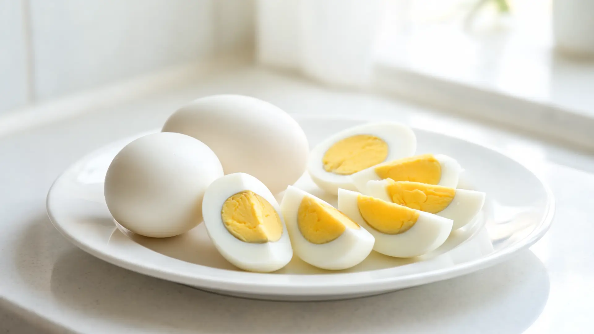 boiled and sliced eggs on a simple plate with natural kitchen lighting and a clean background