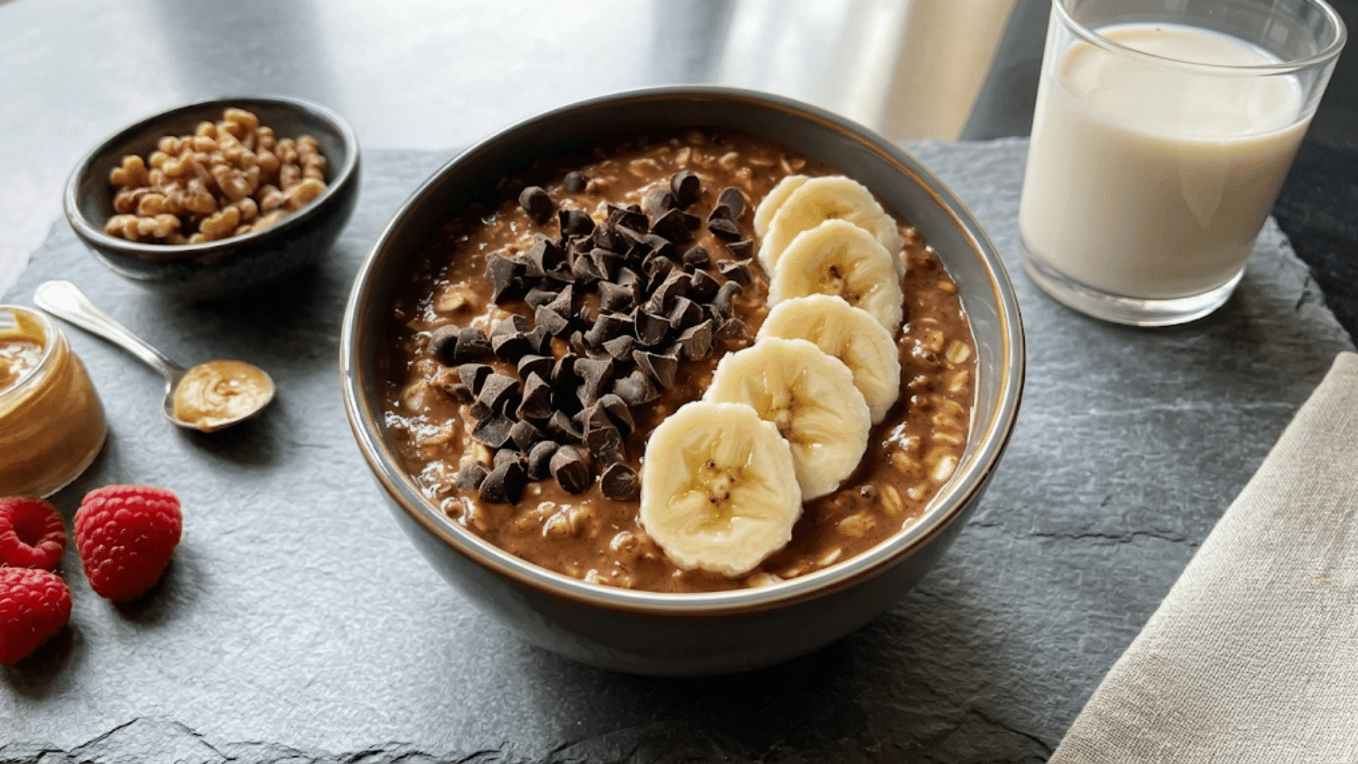 bowl of chocolate oatmeal topped with banana slices and dark chocolate chips served with milk walnuts peanut butter and raspberries