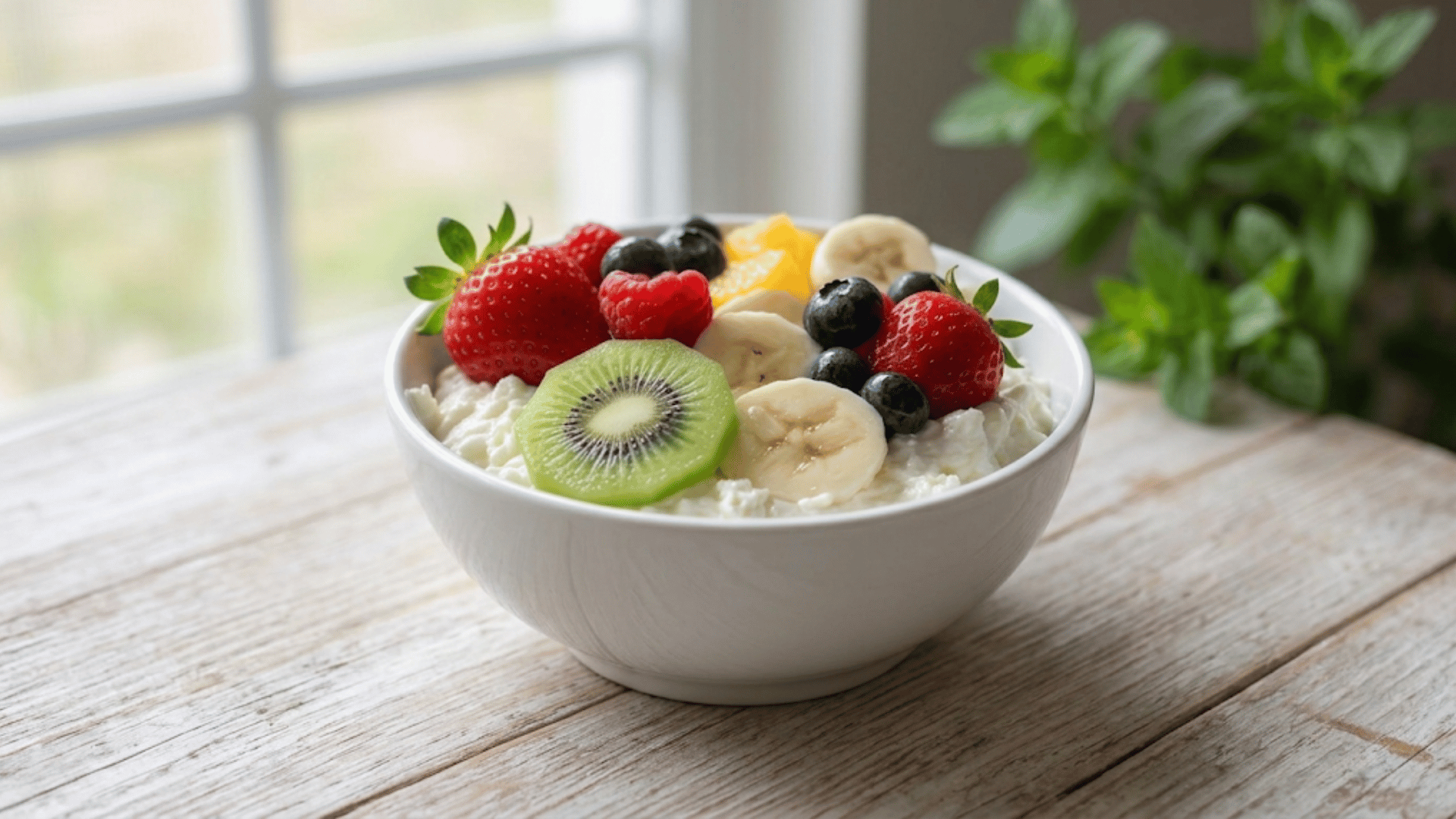 bowl of cottage cheese topped with strawberries blueberries raspberries banana kiwi and orange slices for a fresh breakfast