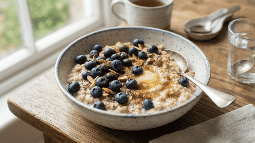 bowl of creamy oatmeal topped with fresh fruits and nuts served as a healthy breakfast meal option (2)