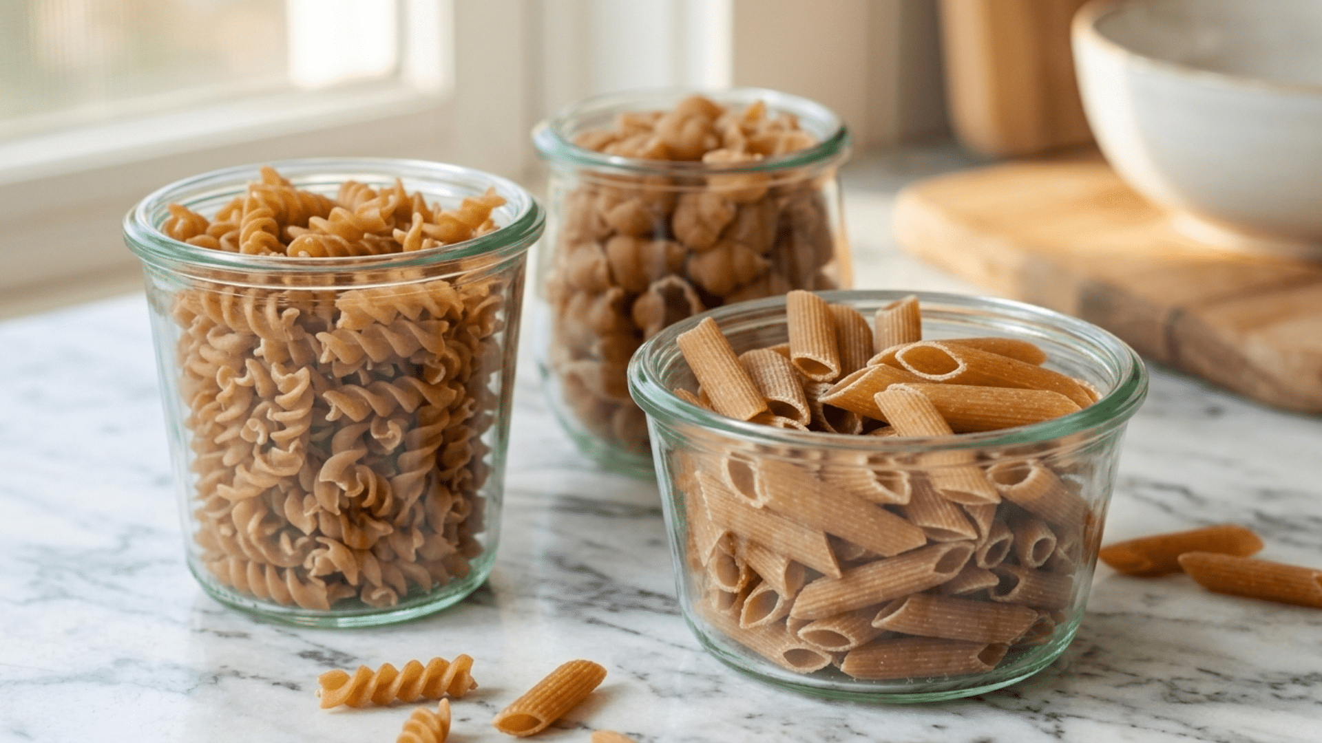 bowl of pasta made from wheat grain showing pasta ingredients and whole grain nutrition concept