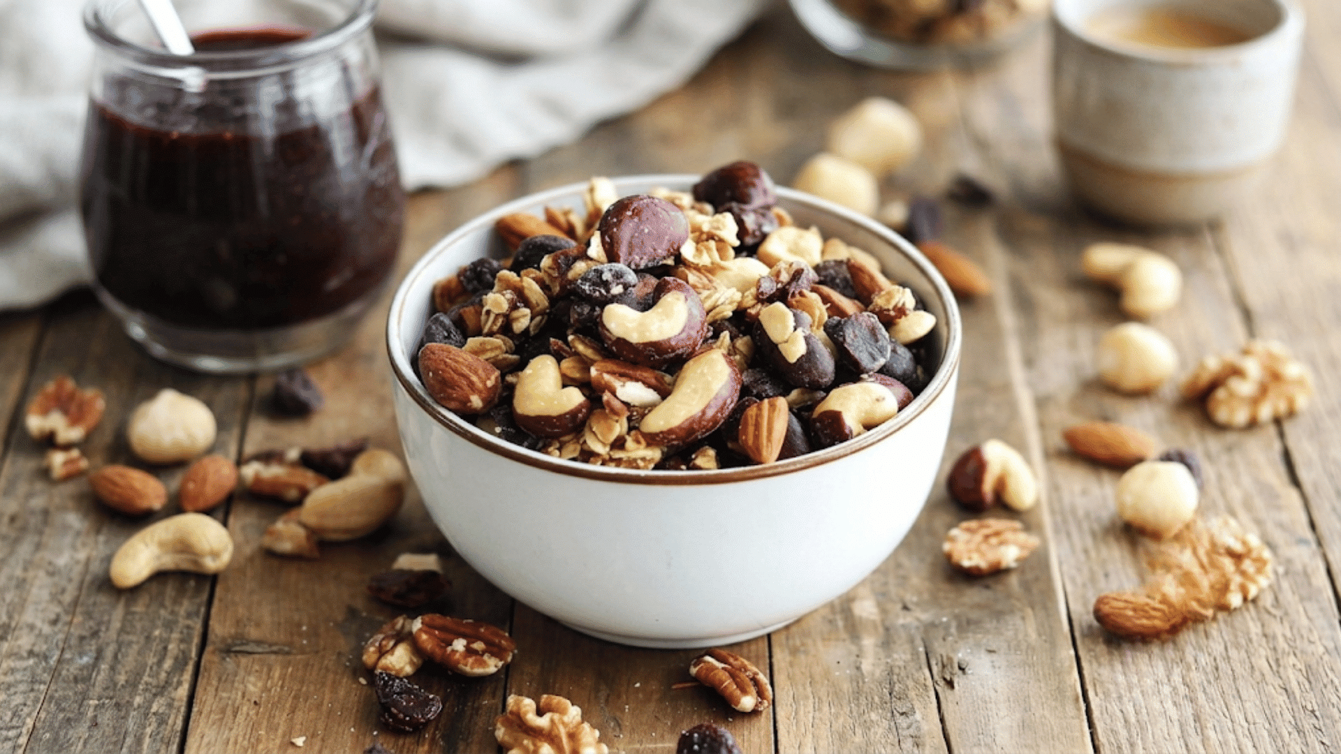 bowl of trail mix with almonds cashews walnuts dried berries and granola on wooden table beside berry jam and coffee cup