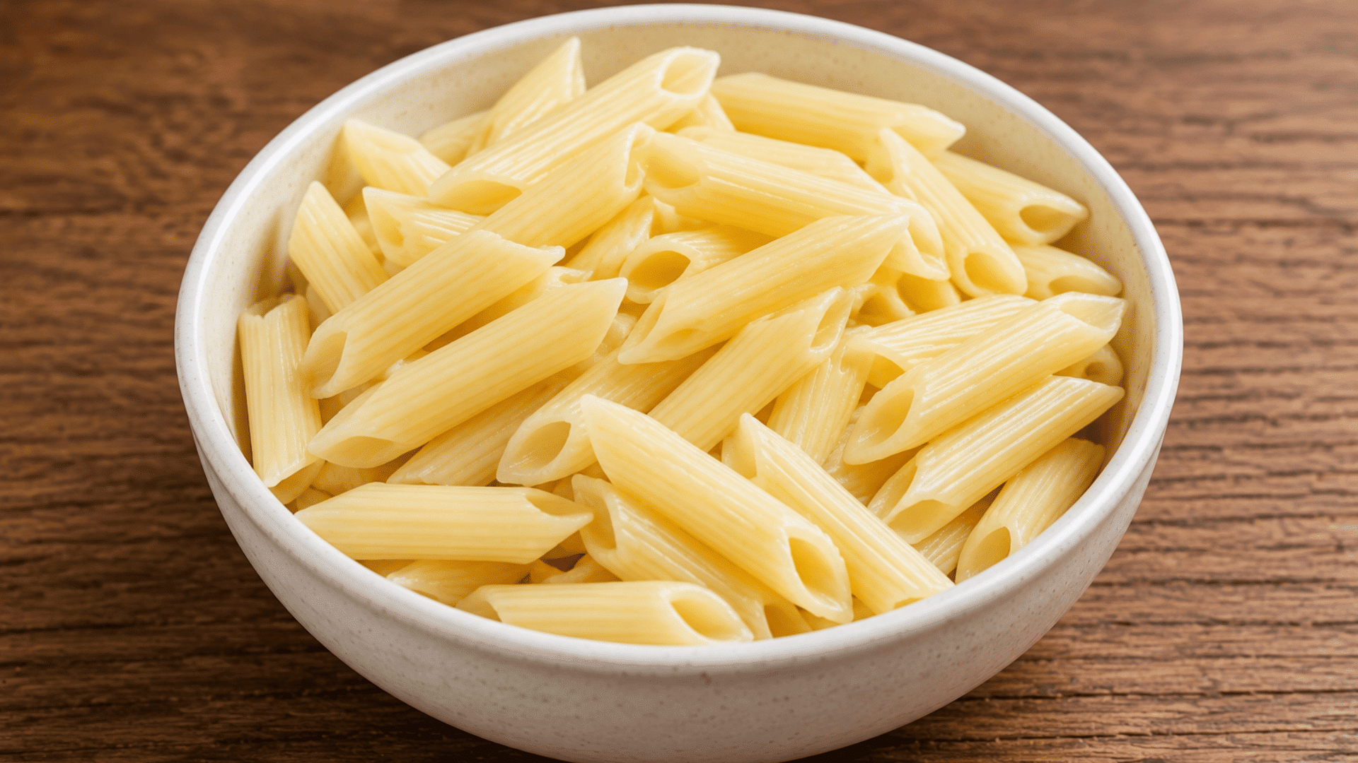 bowl of white pasta showing traditional refined pasta with smooth texture on a wooden table