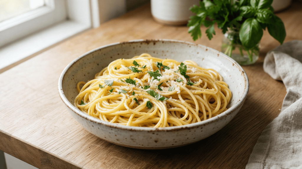 bowl of yellow pasta with fresh herbs served on a wooden kitchen table with natural lighting