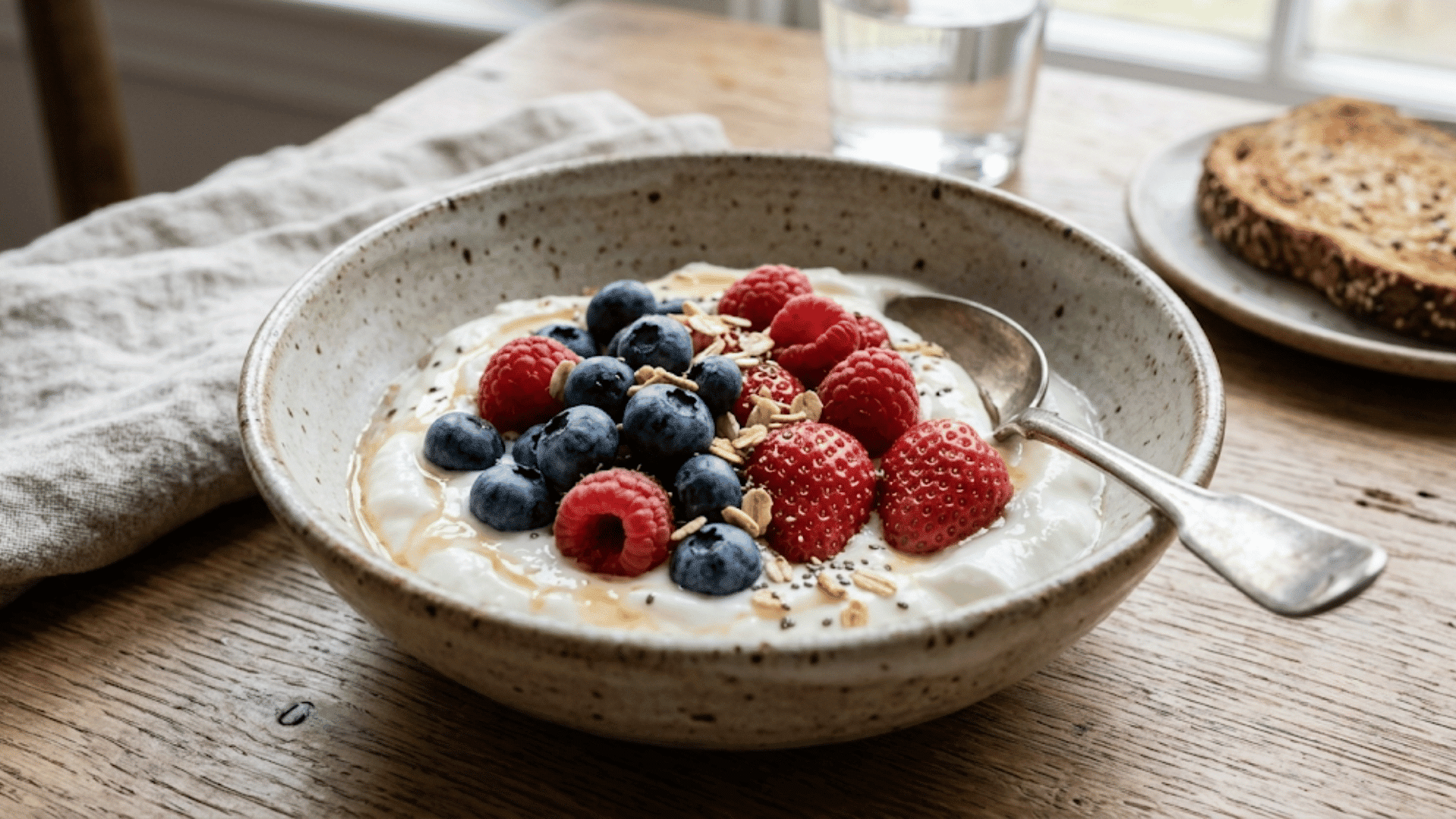 bowl of yogurt topped with blueberries raspberries strawberries granola and honey beside toast on wooden table