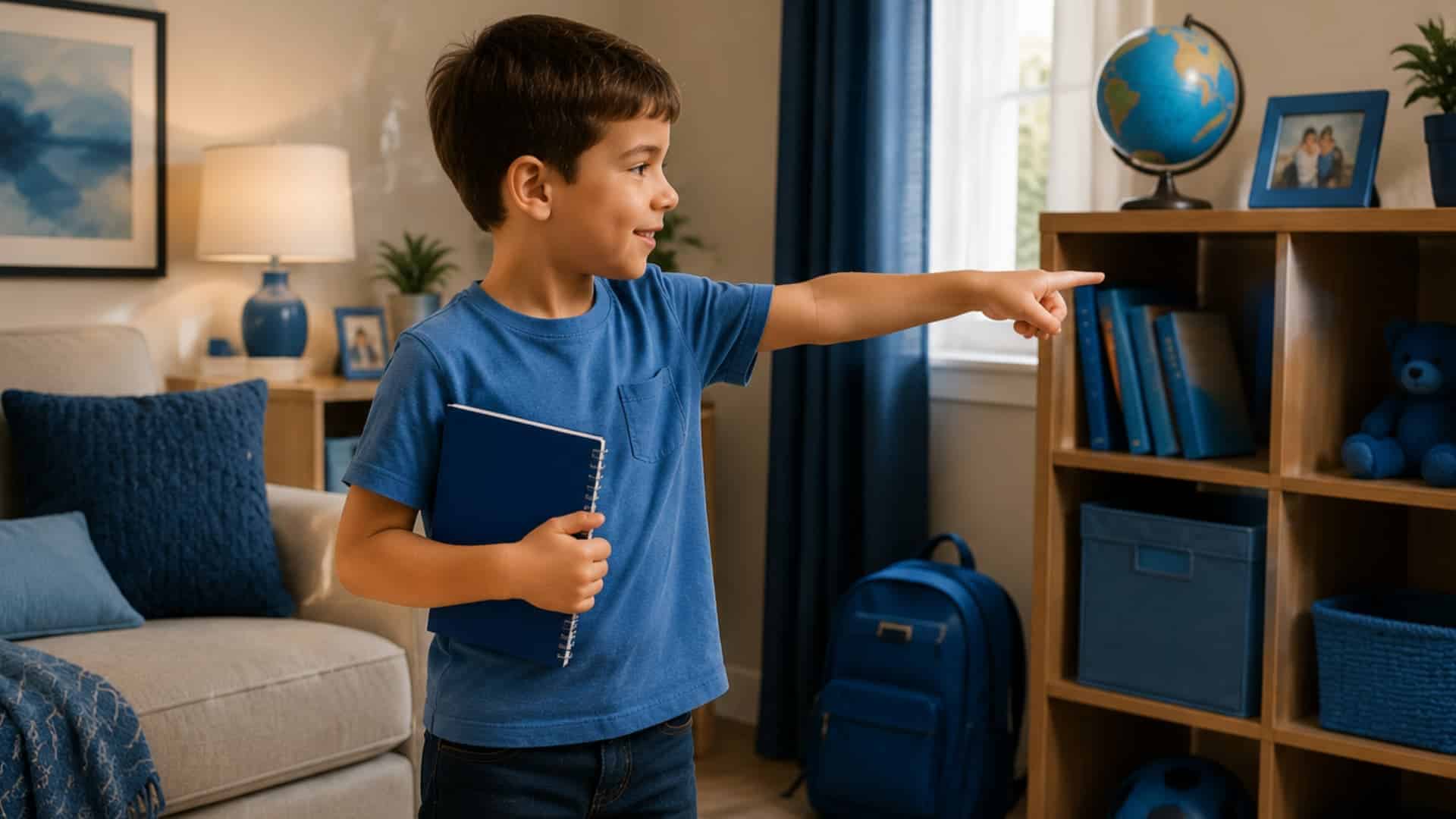 boy in cozy blue themed room pointing at shelf while holding notebook and smiling indoors scene