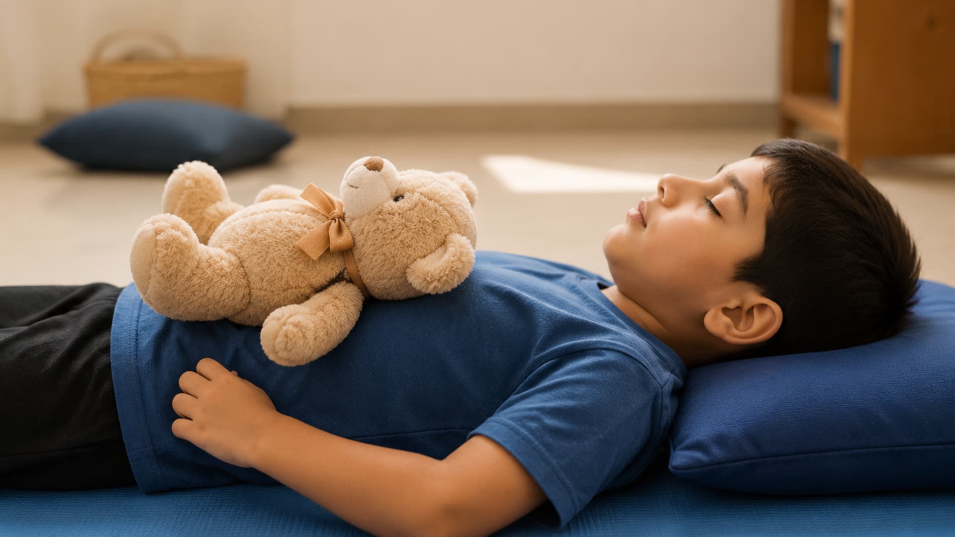 boy lying on yoga mat resting with teddy bear on chest in calm indoor room during relaxation time