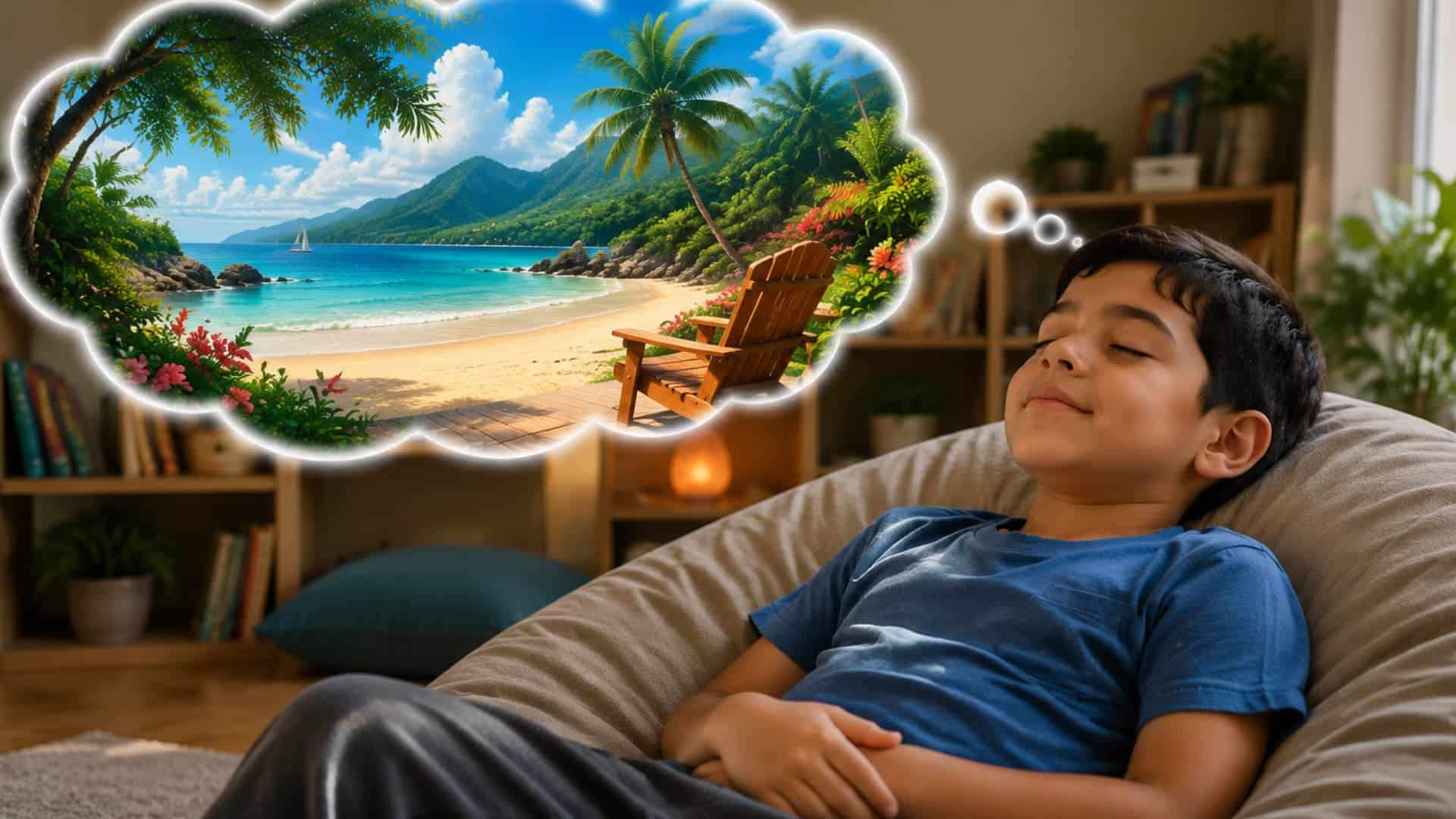 boy relaxing on bean bag imagining peaceful tropical beach scene in thought bubble view
