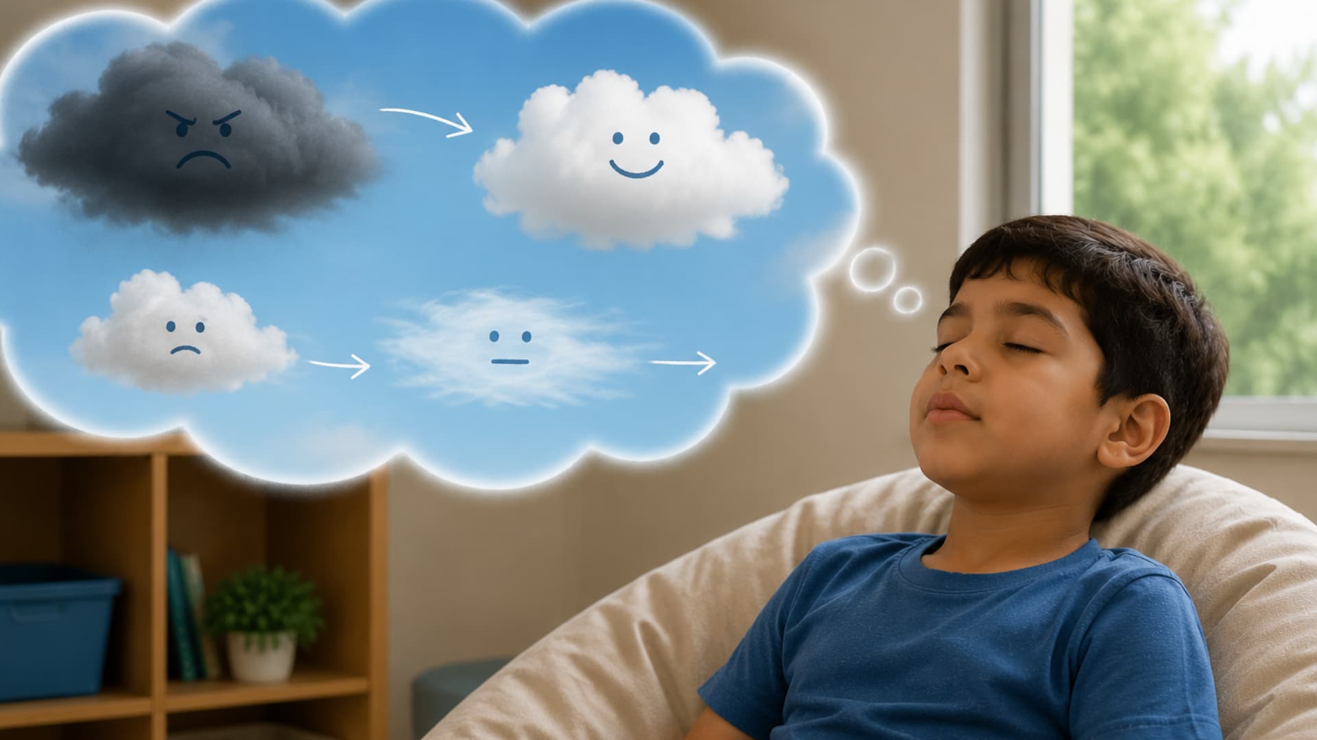 boy relaxing on bean bag with eyes closed while imagining changing clouds from dark to bright happy