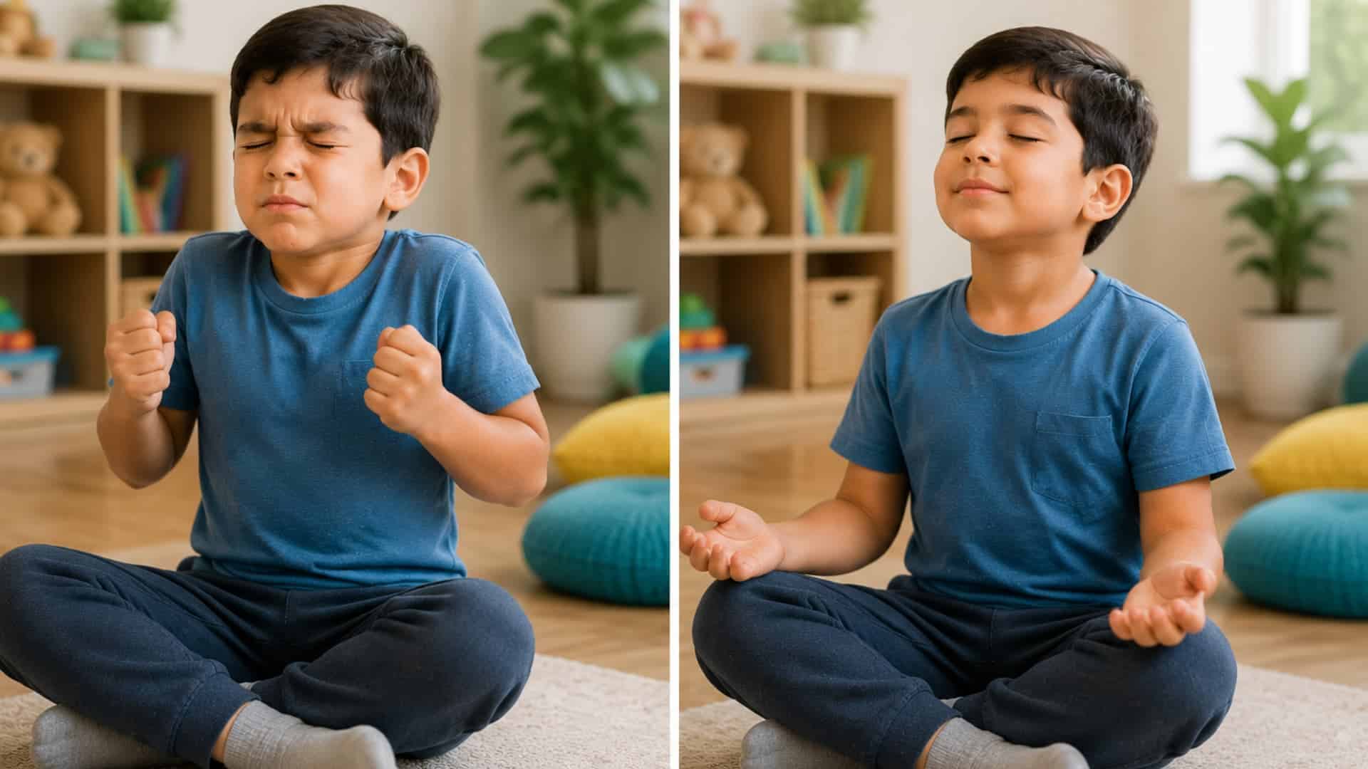 boy showing emotional regulation moving from frustration and tension to calm relaxed breathing focus