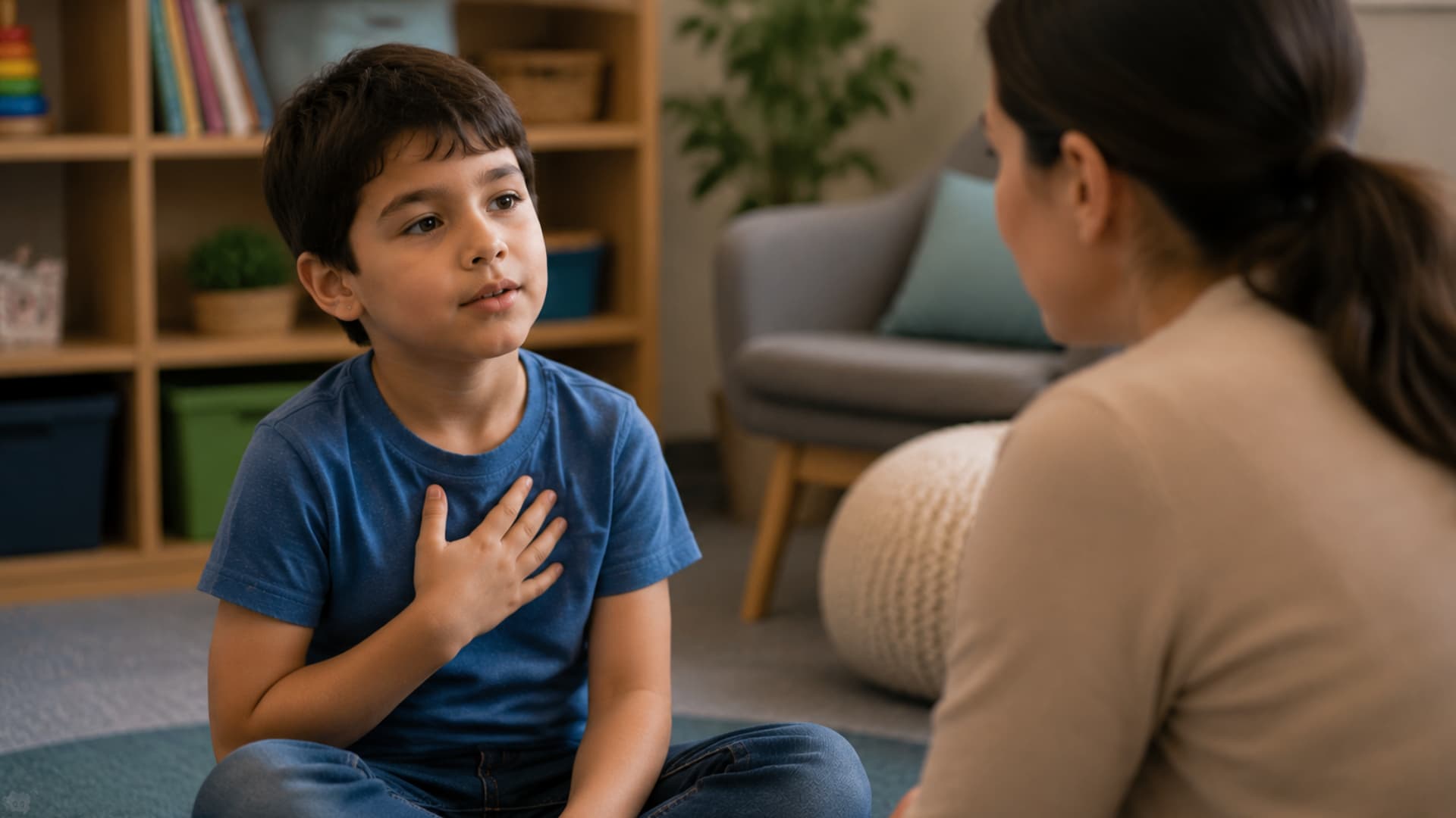 boy sitting cross legged talking to therapist holding hand on chest during calm counseling session