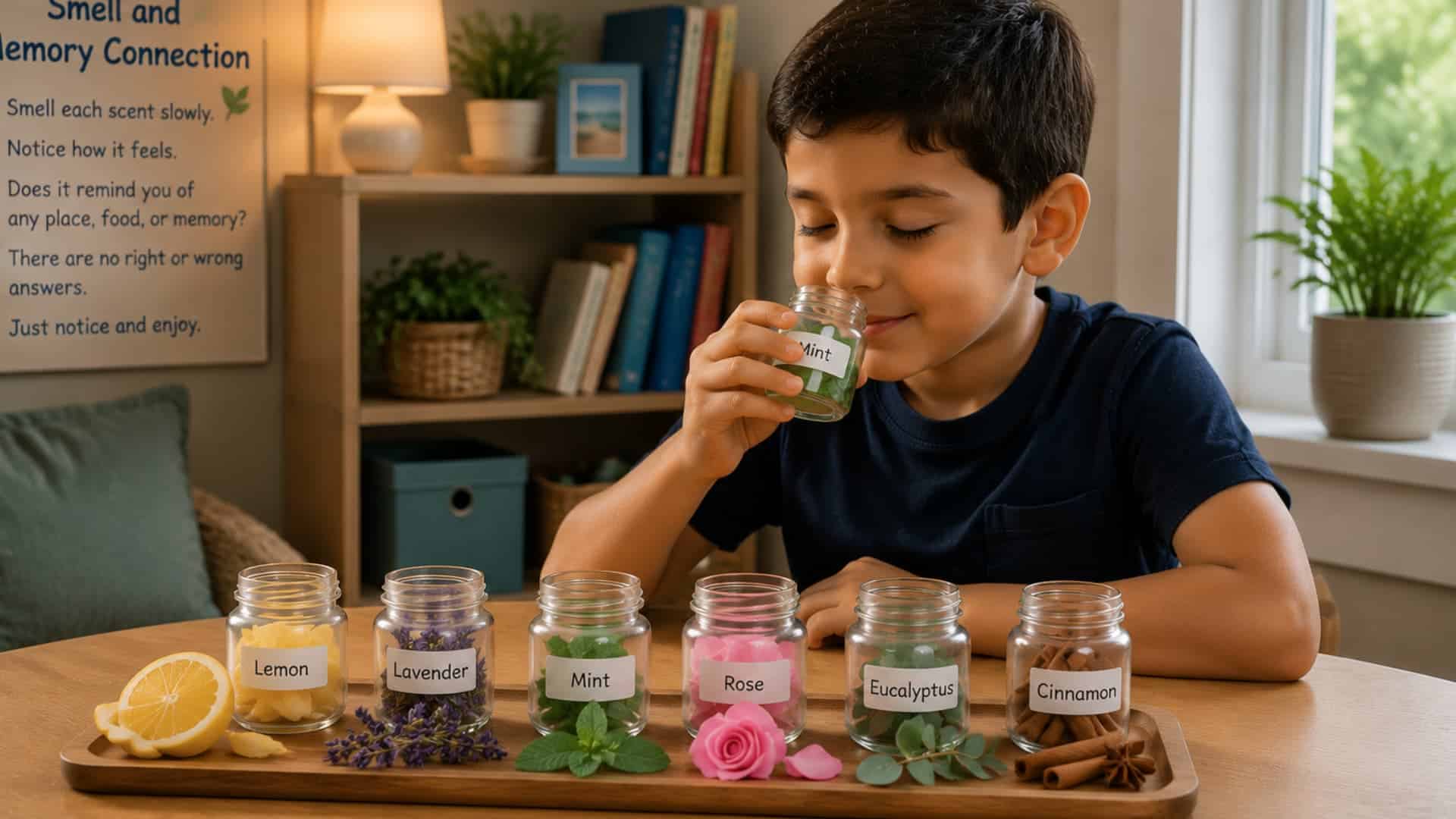 boy smelling different scented jars on table exploring sensory smell activity at home in classroom setting