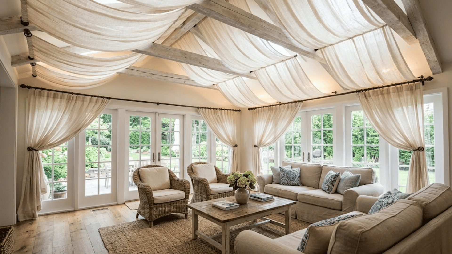 bright living room with draped fabric ceiling exposed beams large windows cozy sofas wicker chairs and wooden coffee table