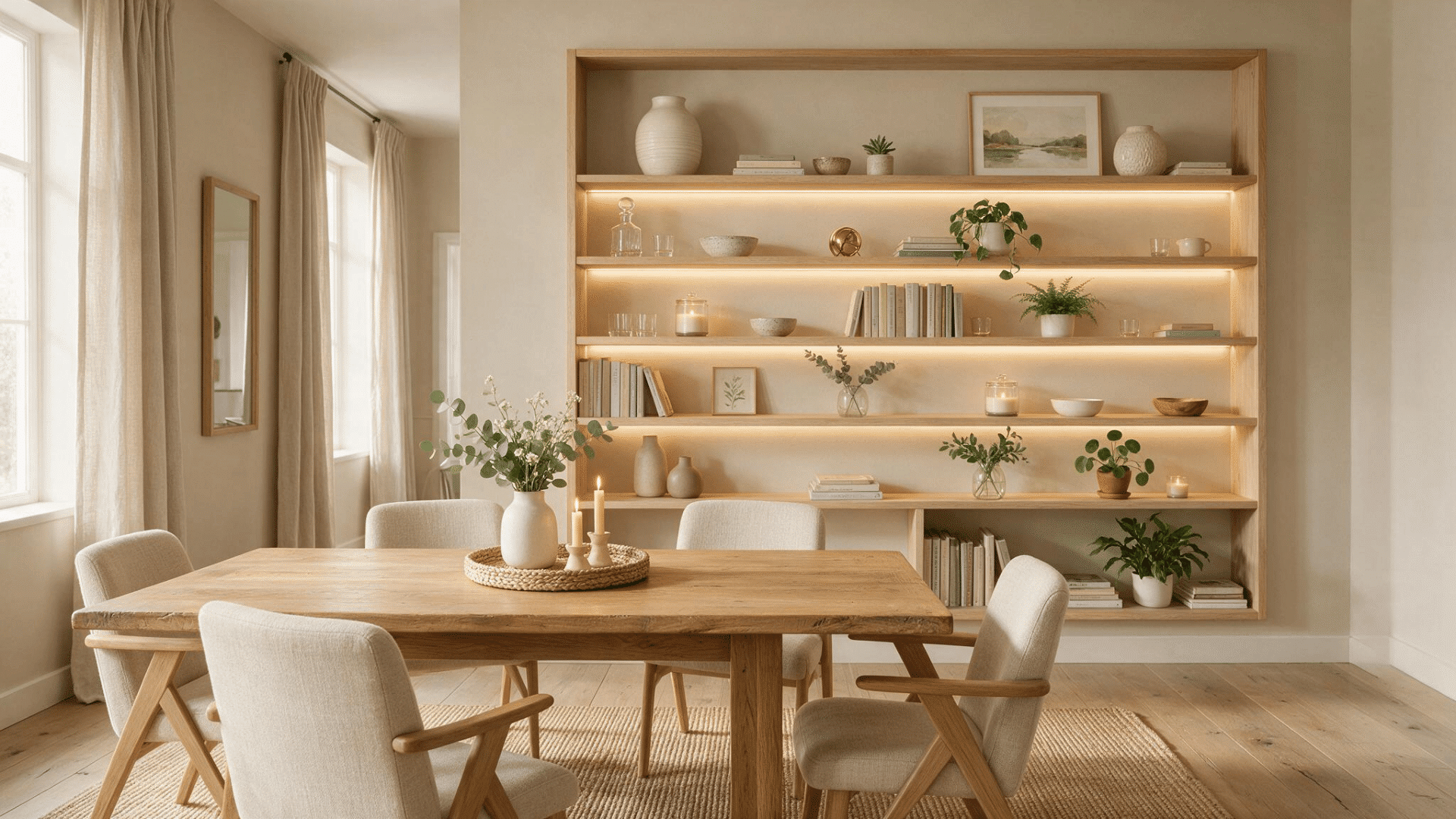 built in wooden display shelves with decorative accents adding warmth texture and stylish storage behind a modern dining table