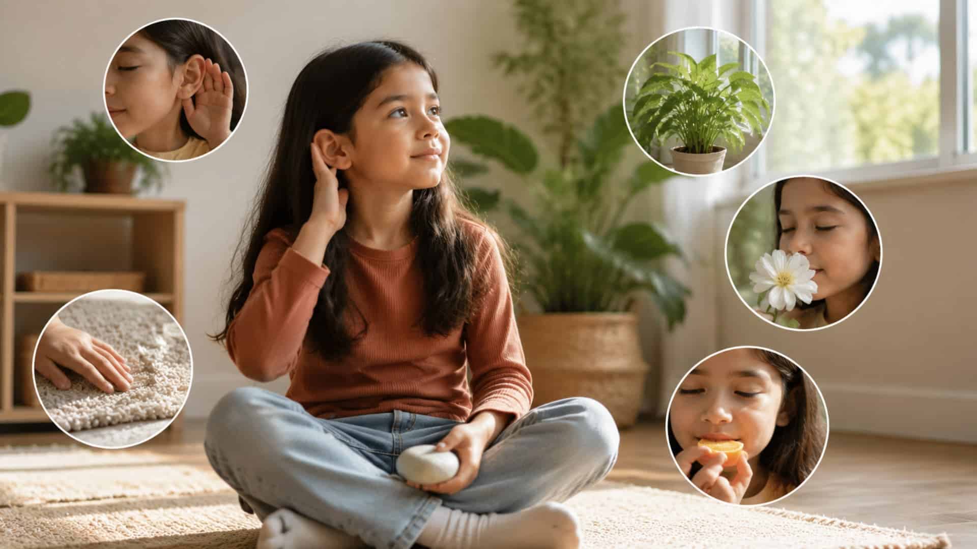 calm, real-life mindfulness learning setup inside a living room shows a young girl sitting cross-legged on a soft rug, practicing focused sensory awareness