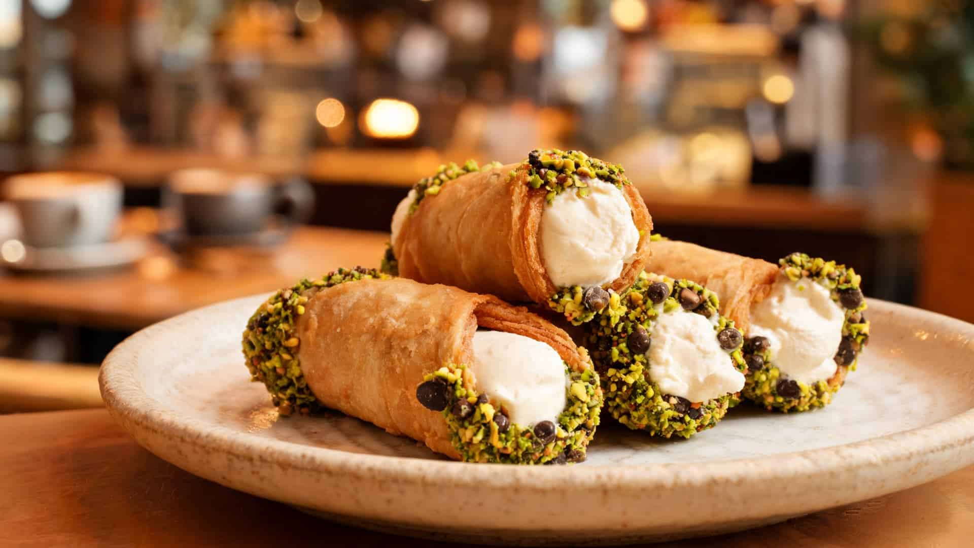 cannoli crispy sicilian pastry shells filled with ricotta cream and pistachio crumbs on ceramic plate