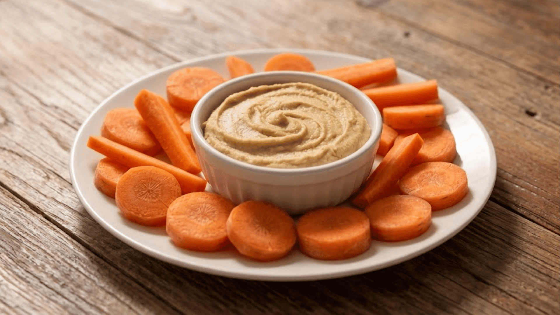 carrot sticks and carrot slices served with creamy hummus dip on a white plate over a wooden table