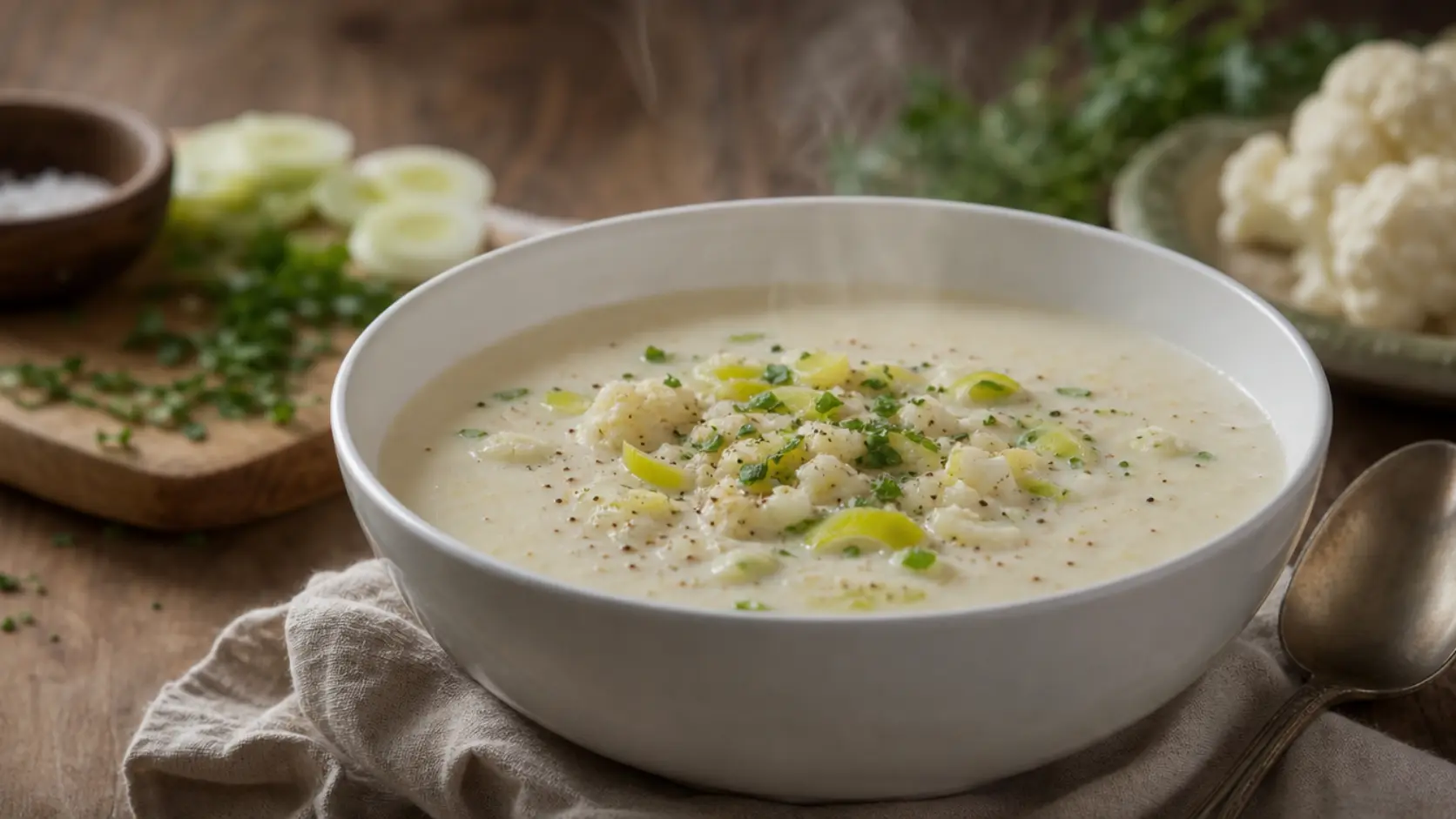 cauliflower leek paleo soup creamy smooth dairy free healthy bowl