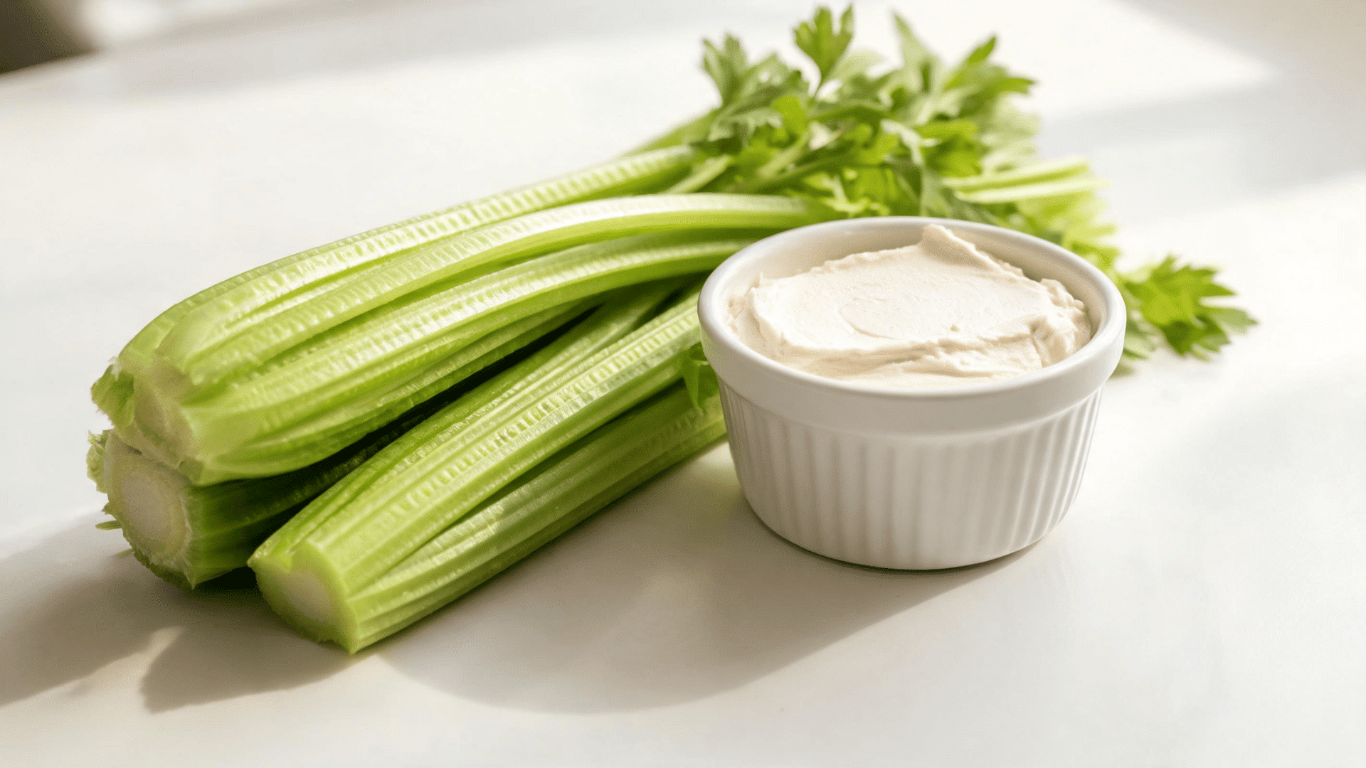 celery sticks served beside a small bowl of creamy dip on a white surface
