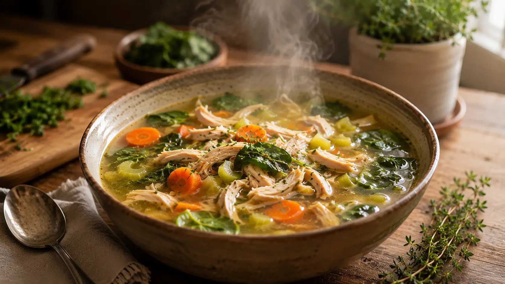 chicken paleo soup bowl with vegetables and broth steaming homemade healthy meal