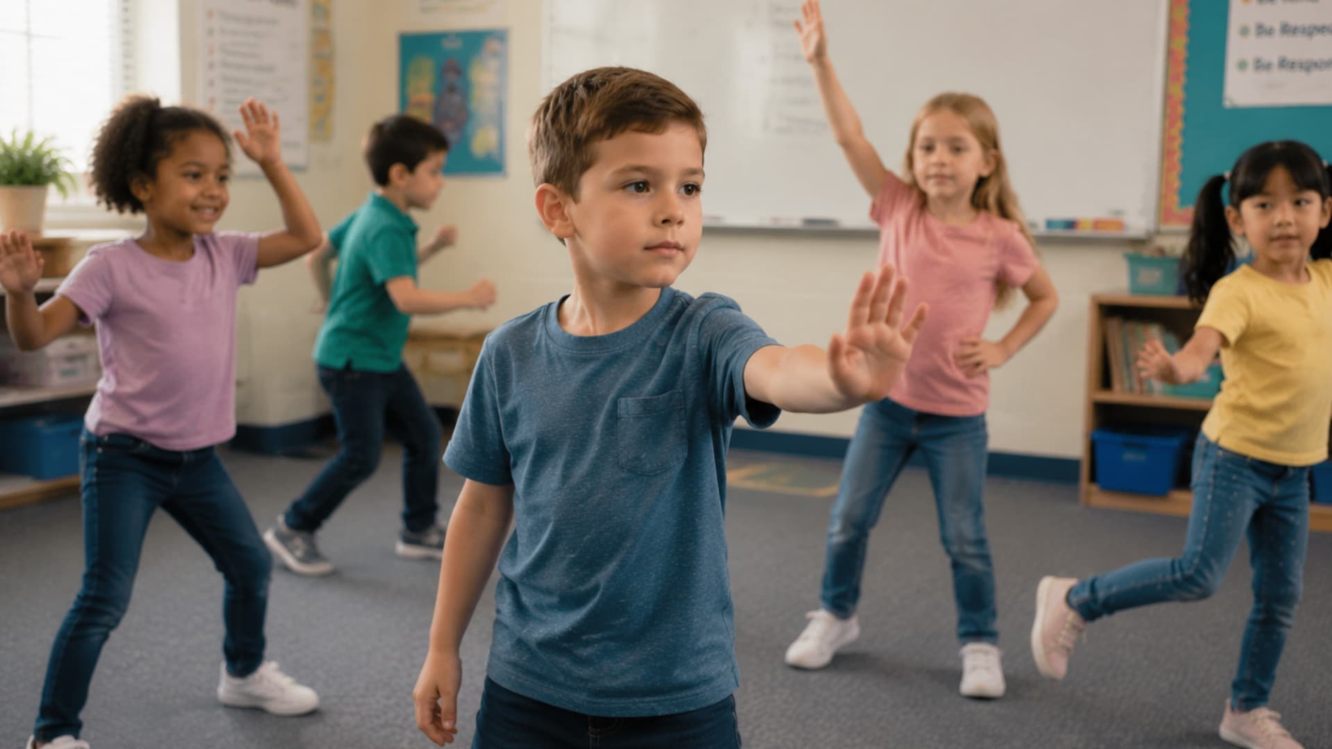 children in classroom doing freeze and movement game with hand gestures during focus activity