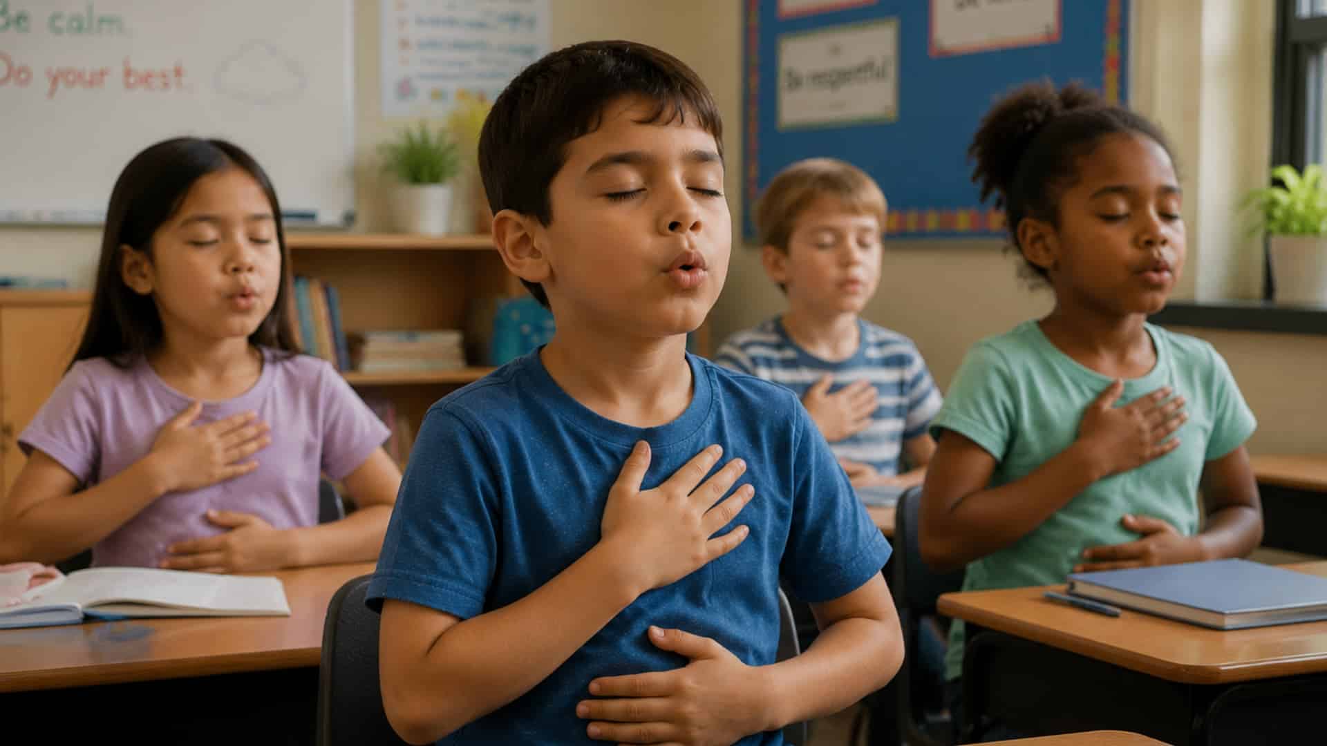children in classroom practicing mindful breathing with hands on chest during calm focus exercise