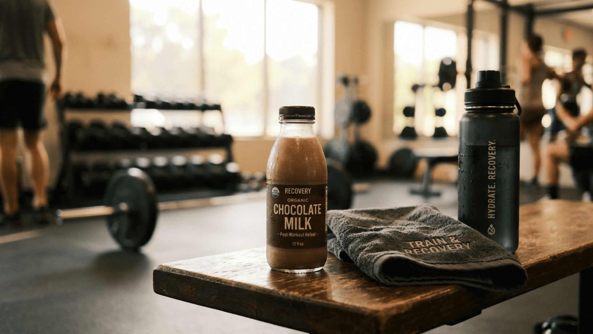 chilled chocolate milk placed beside gym gear as an easy post workout recovery drink