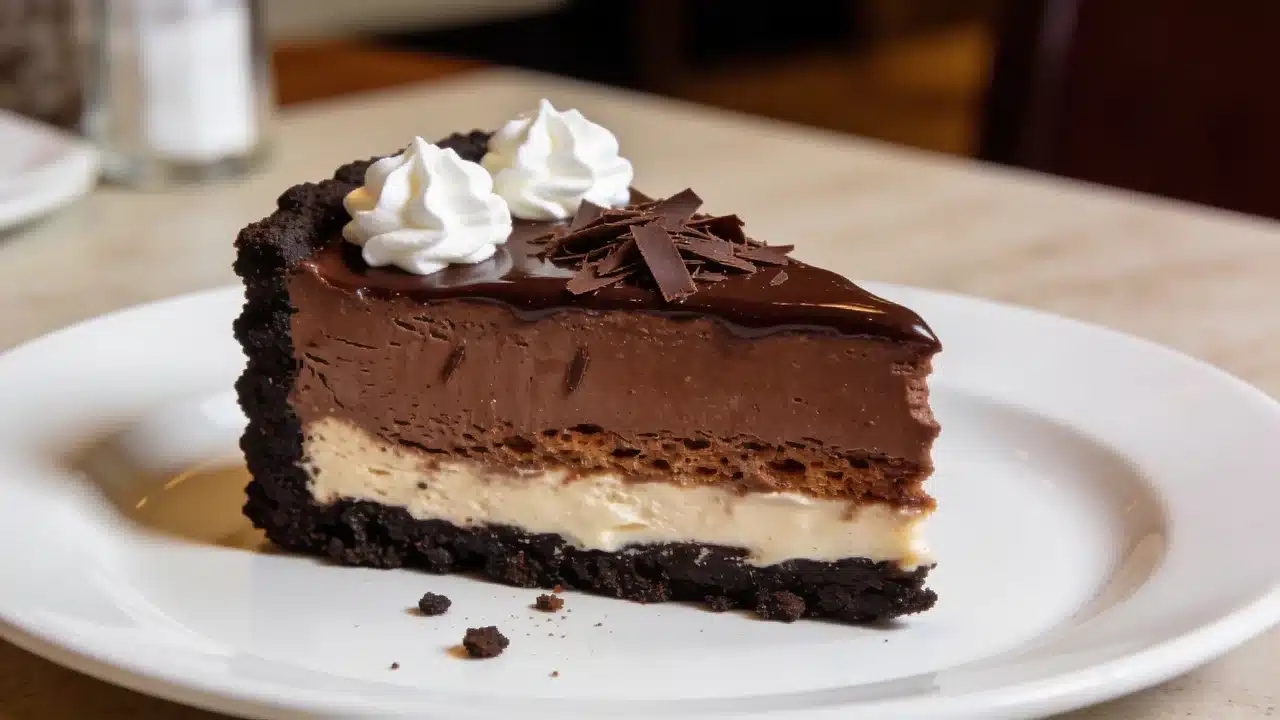 Chocolate mousse cheesecake slice with whipped cream and ganache
