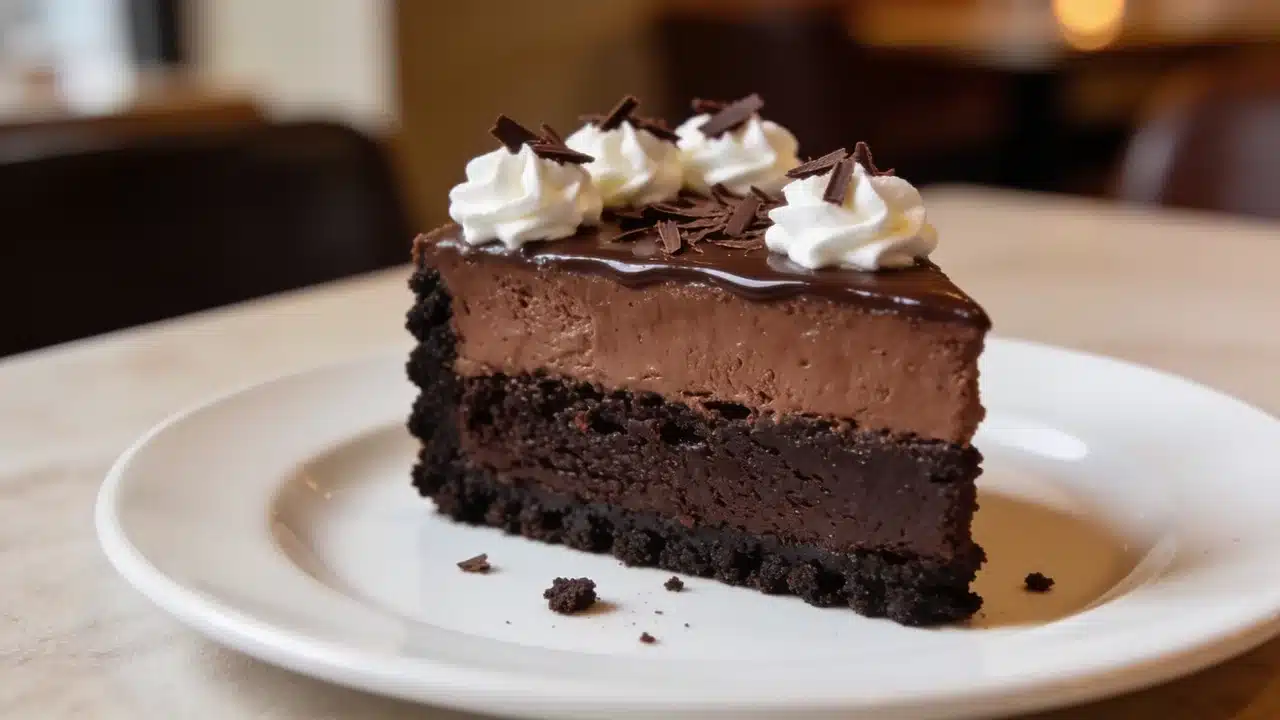 chocolate mousse cheesecake slice with whipped cream rosettes