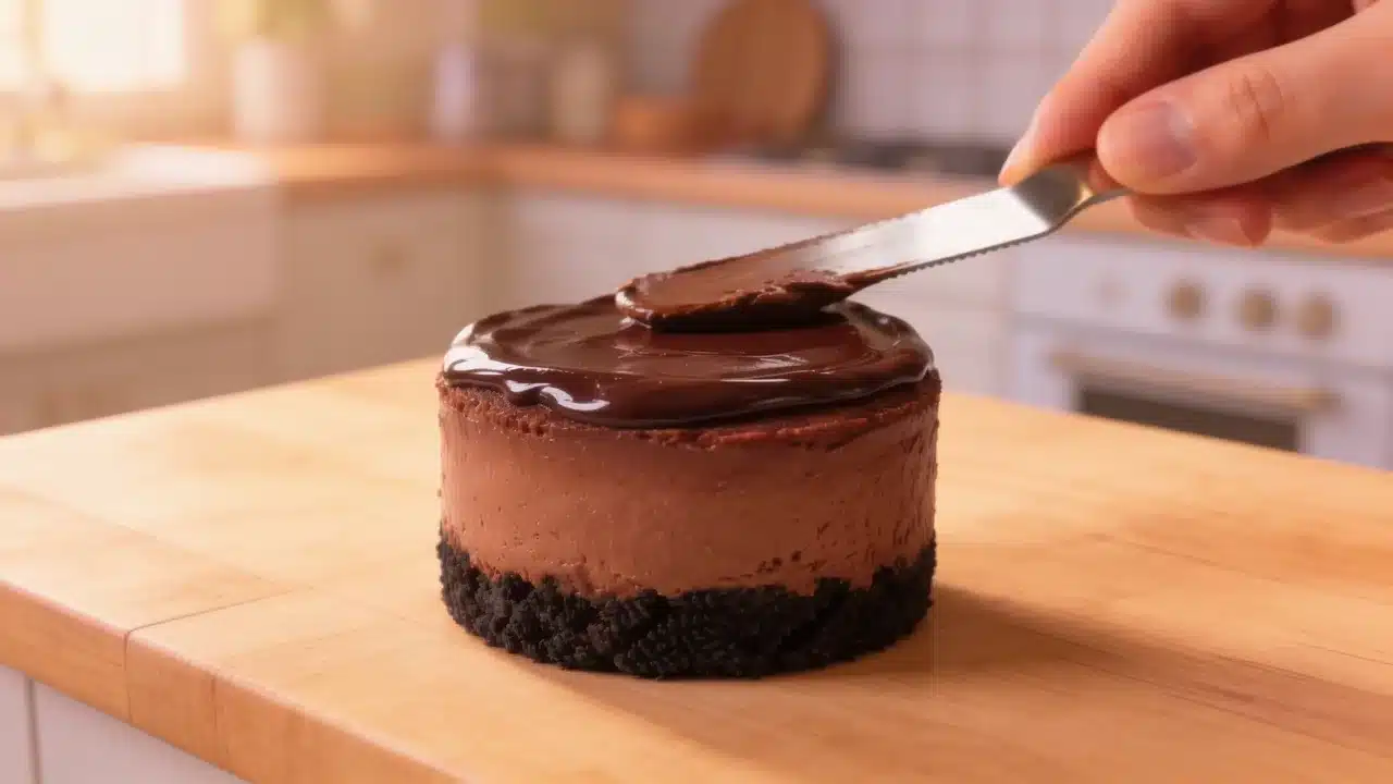 chocolate mousse spread over chilled mini cheesecake