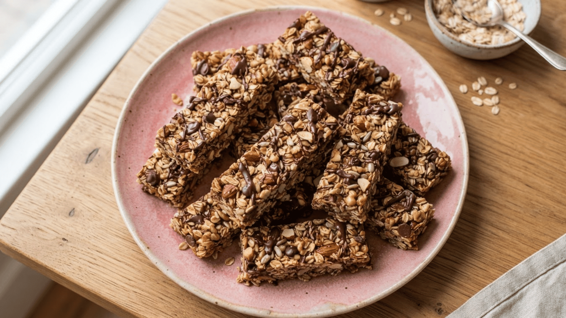 chocolate nut energy bars with oats seeds and nuts arranged on a pink plate over a wooden surface
