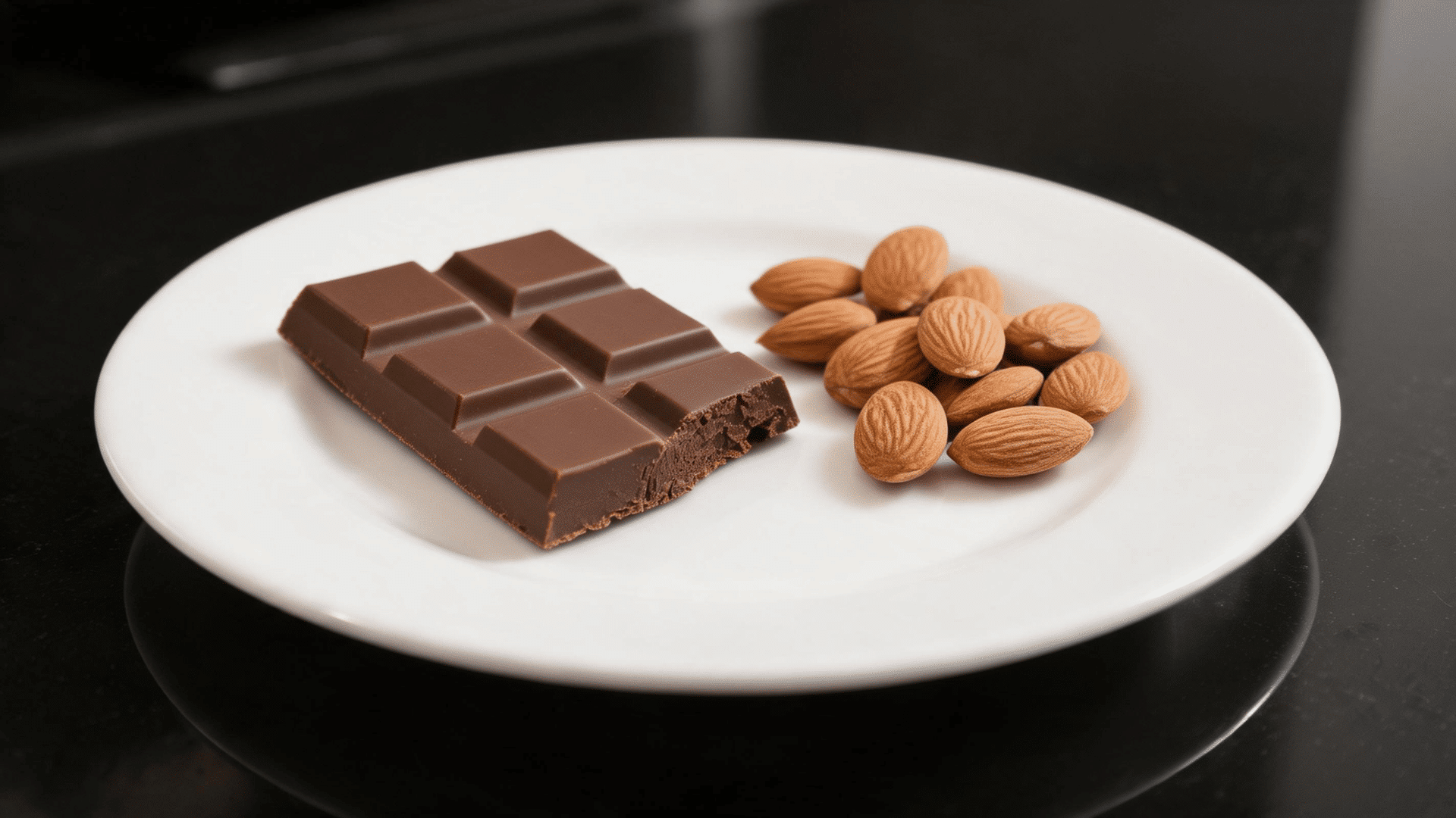 Chocolate bar pieces and whole almonds served on a white plate over a dark countertop