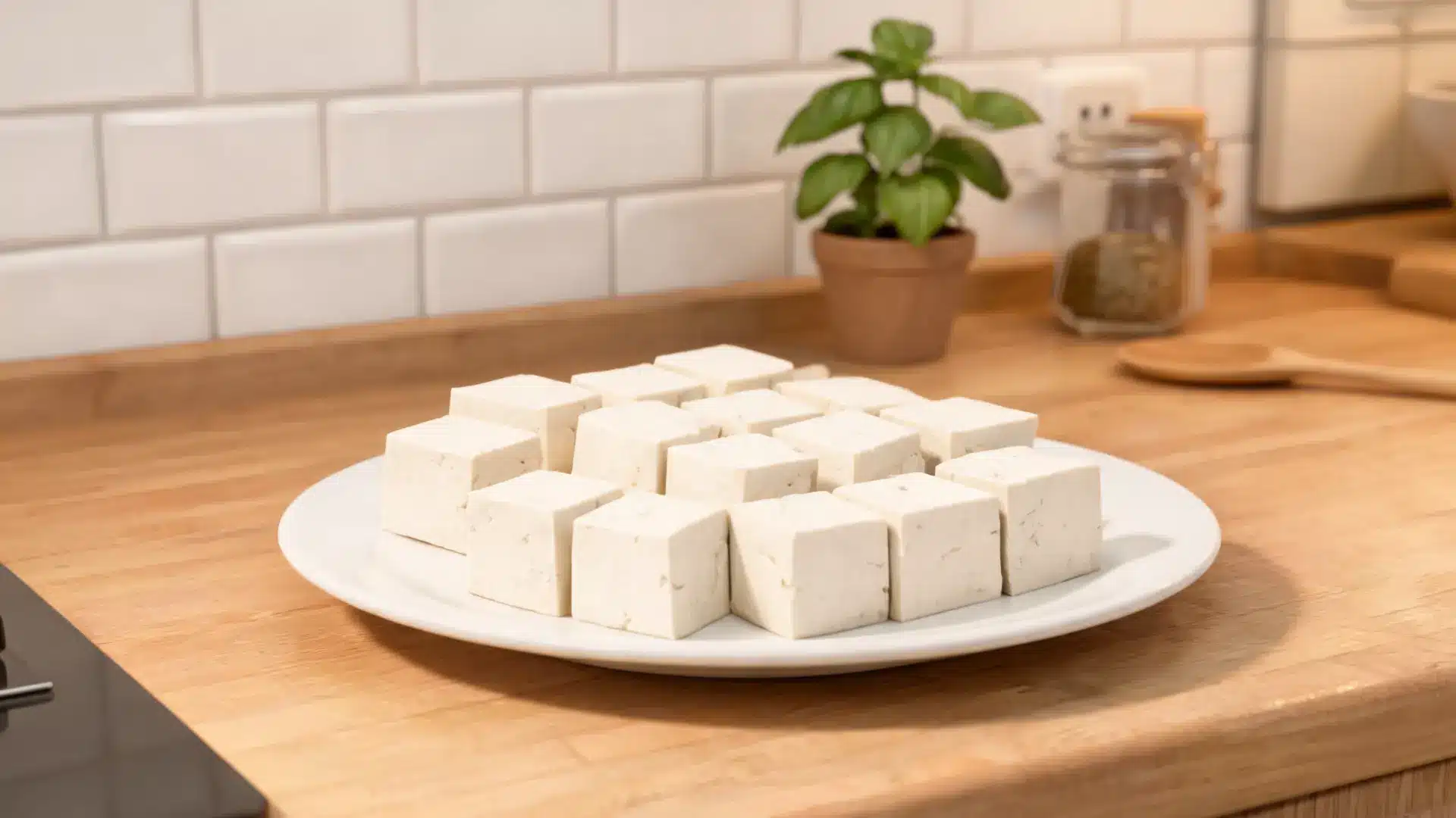 close-up of tofu cubes served on a plate in a modern kitchen, representing a low-carb, keto-friendly plant-based protein meal