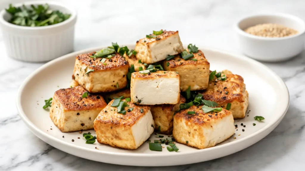 close up realistic image of golden pan-fried tofu cubes on a ceramic plate, garnished with herbs, representing a keto-friendly low-carb plant-based protein food