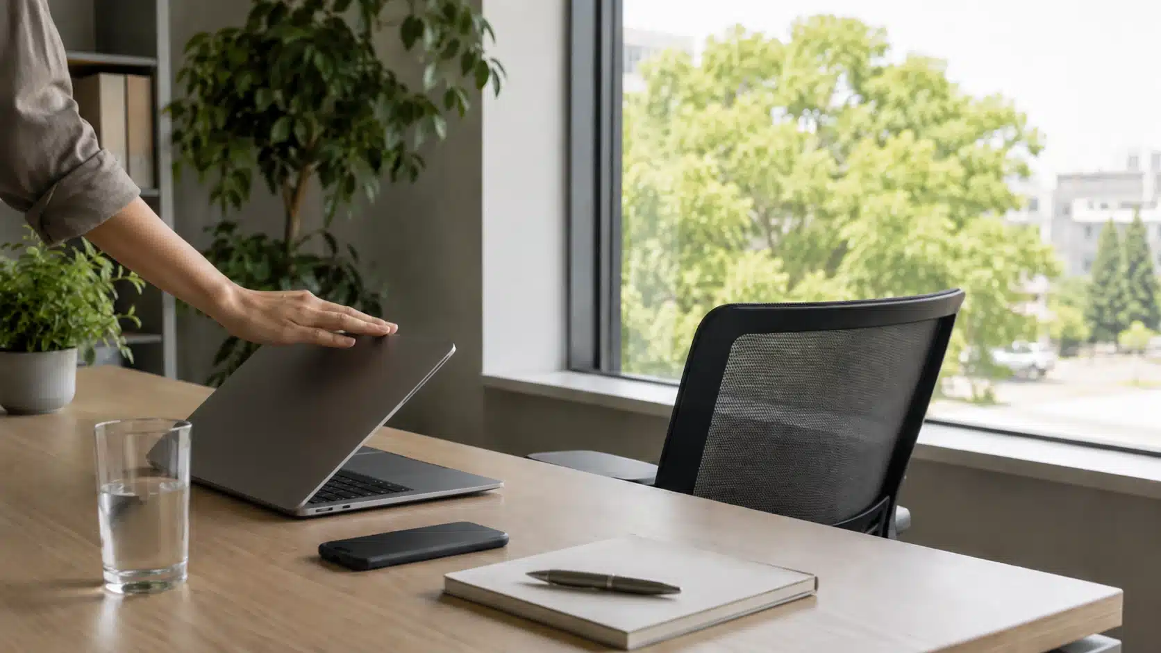 closed laptop and phone left behind while a chair faces the window for a screen-free micro break