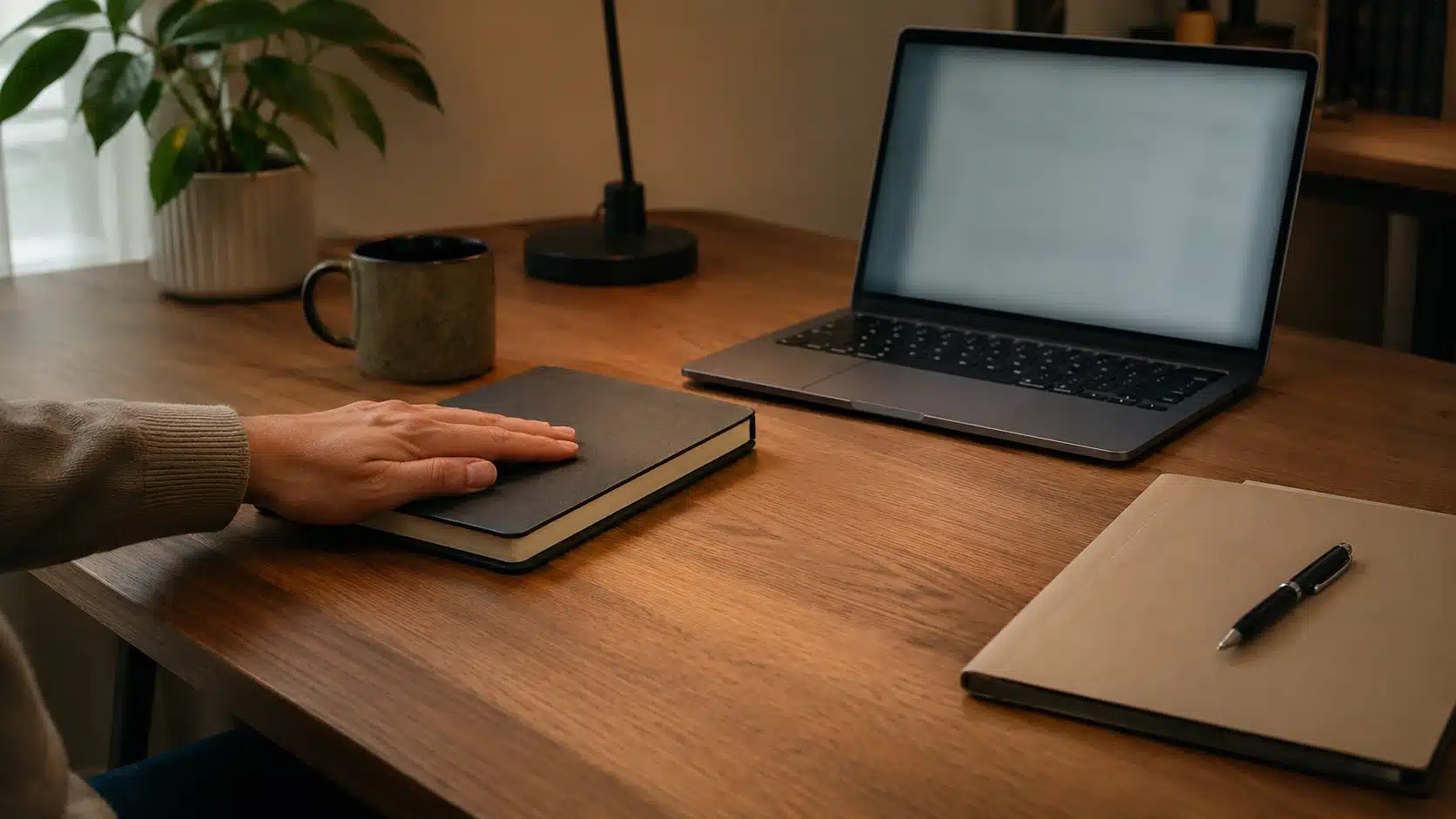 closed notebook and calm desk setup showing a mindful transition before starting the next task