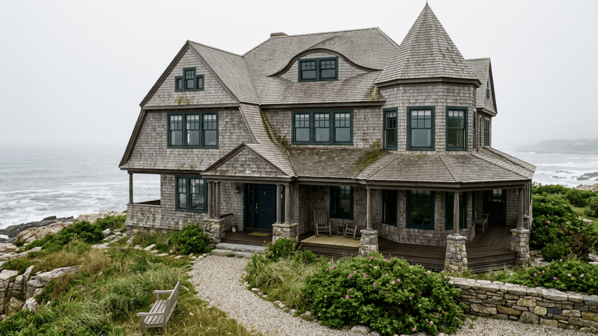 coastal shingle style house with wraparound porch and stone foundation overlooking rocky shoreline beneath an overcast sky