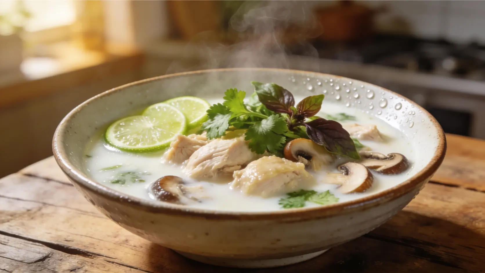 coconut lime paleo chicken soup creamy broth with mushrooms and herbs bowl