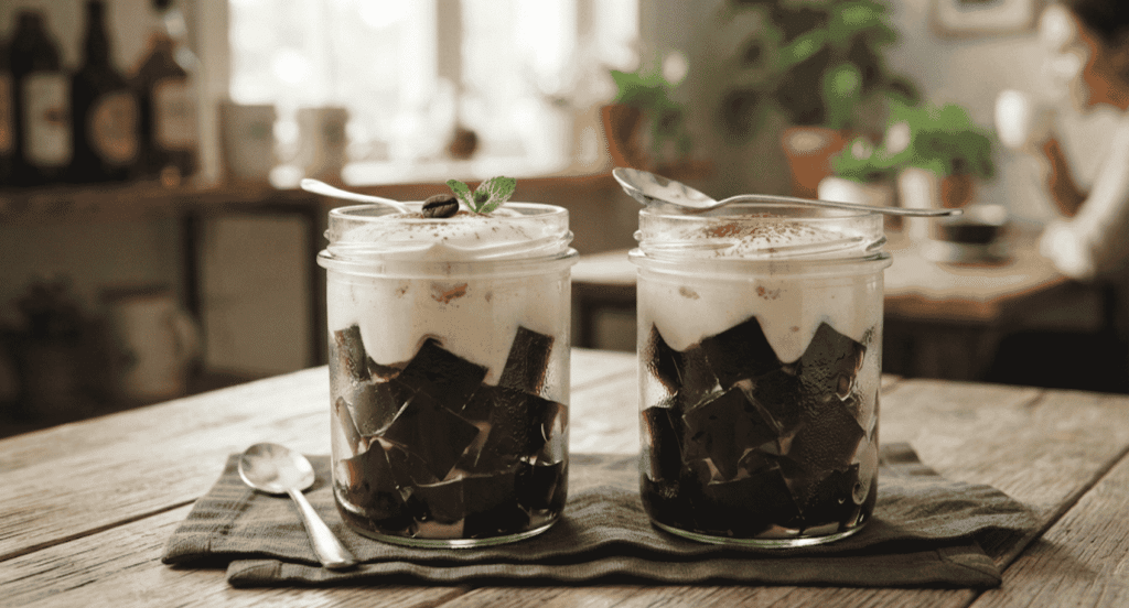 coffee jelly dessert layered with whipped cream served in glass jars on a wooden table with spoons ready to enjoy.