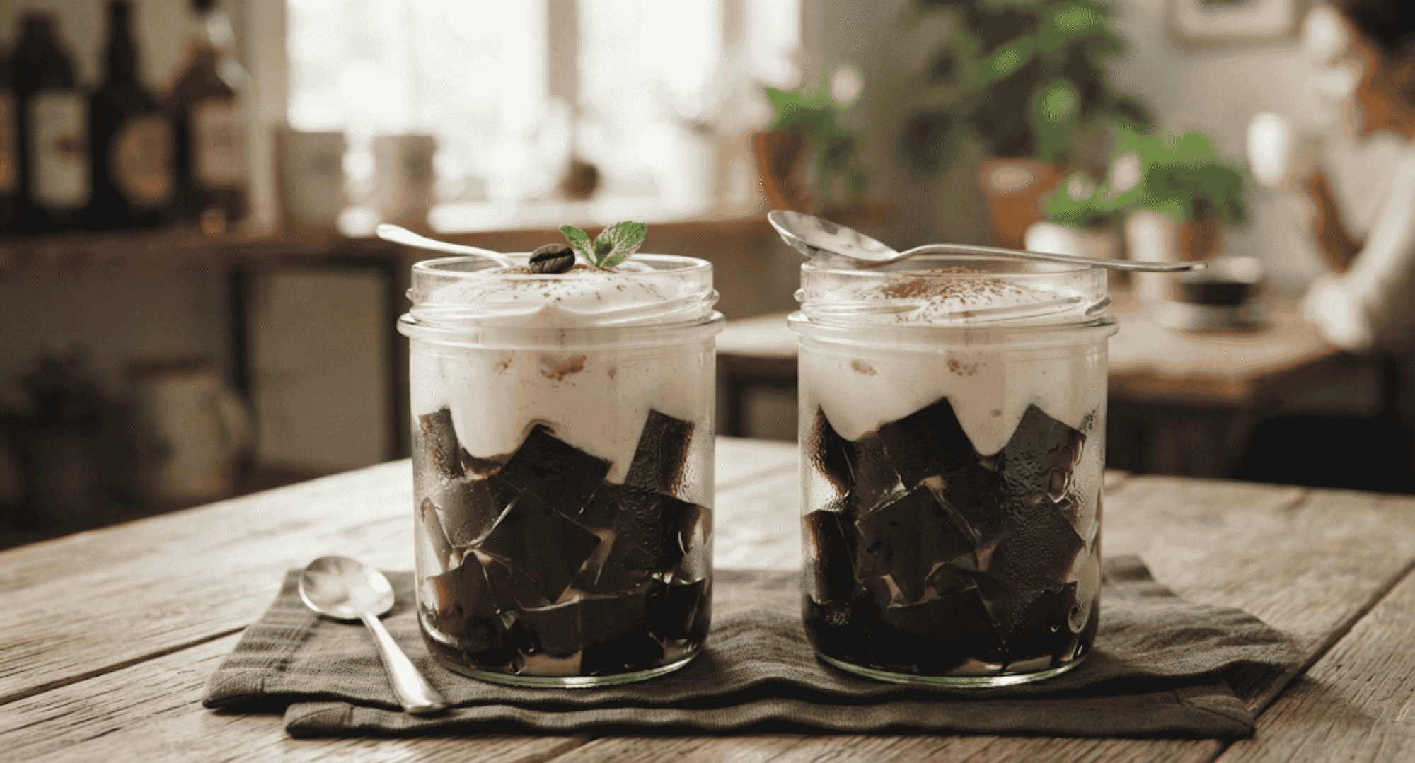 coffee jelly dessert layered with whipped cream served in glass jars on a wooden table with spoons ready to enjoy.
