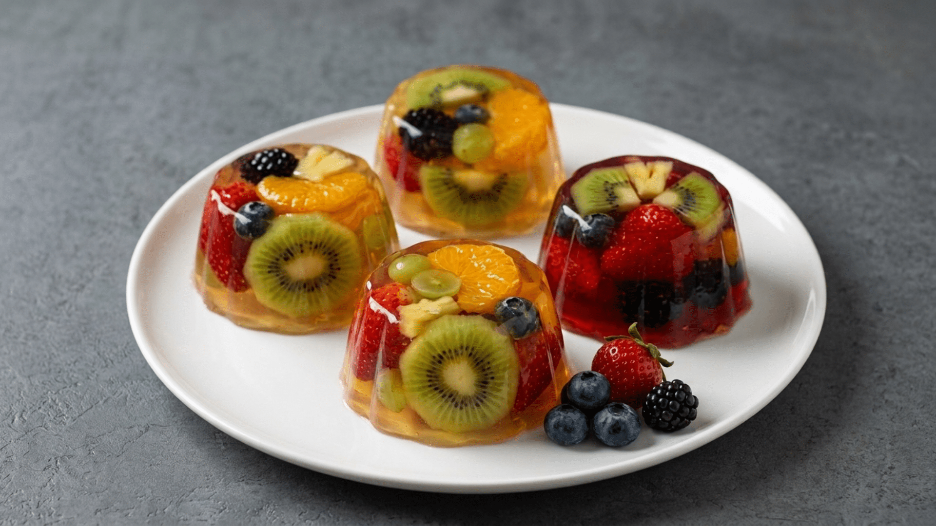 colorful fruit gelatin desserts topped with strawberries blueberries kiwi banana and orange slices served on a white plate