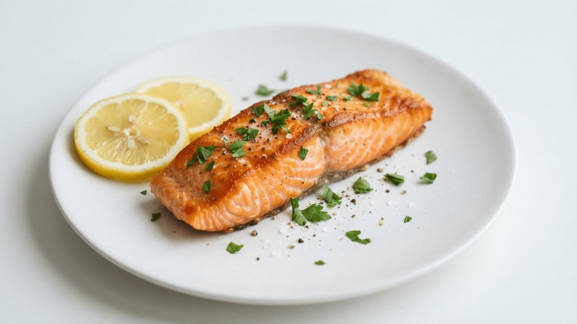 cooked salmon fillet with lemon slices and fresh parsley on a clean white surface in daylight