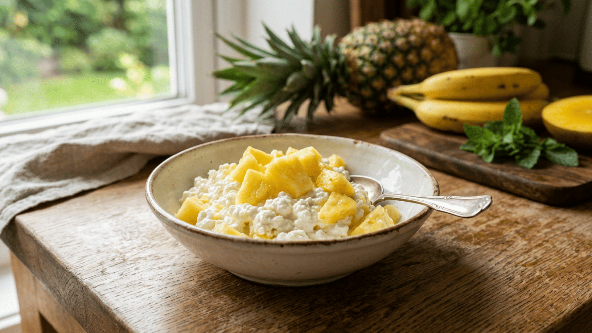 cottage cheese with pineapple served as a refreshing high protein recovery snack after exercise