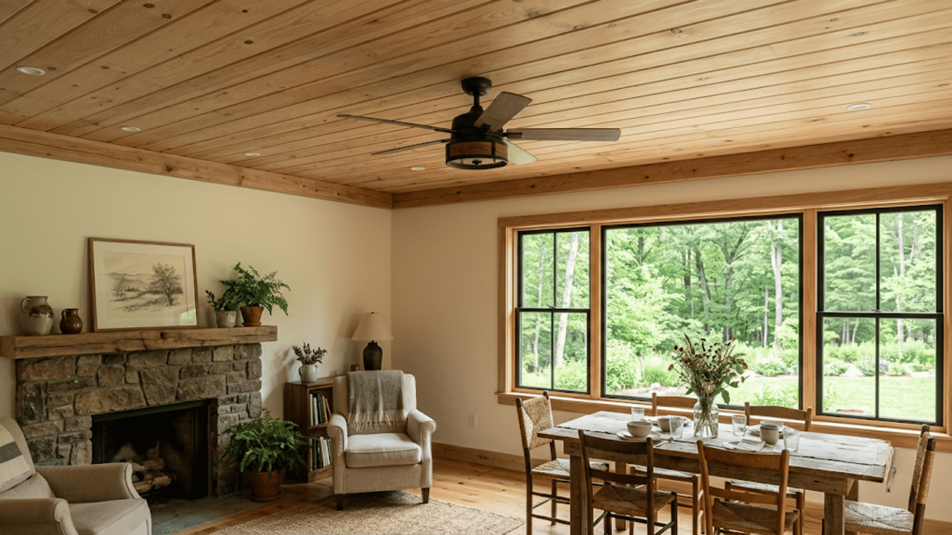cozy dining and living area with a stone fireplace wooden ceiling large windows overlooking lush trees and rustic furniture