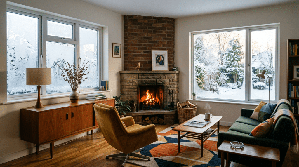 cozy living room with a lit stone fireplace green sofa mustard chair and snowy garden views through large windows