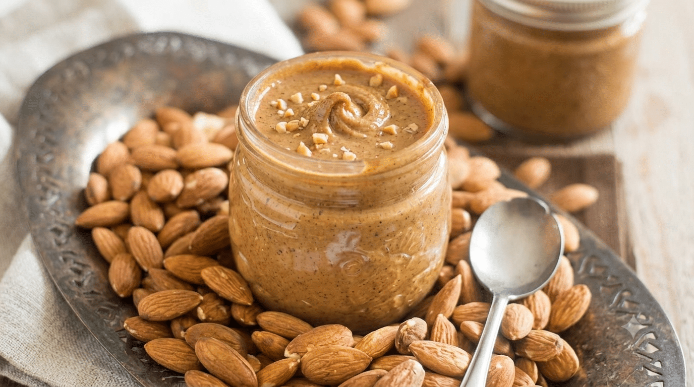 creamy almond butter in a glass jar topped with chopped almonds surrounded by whole almonds and a spoon on a rustic tray