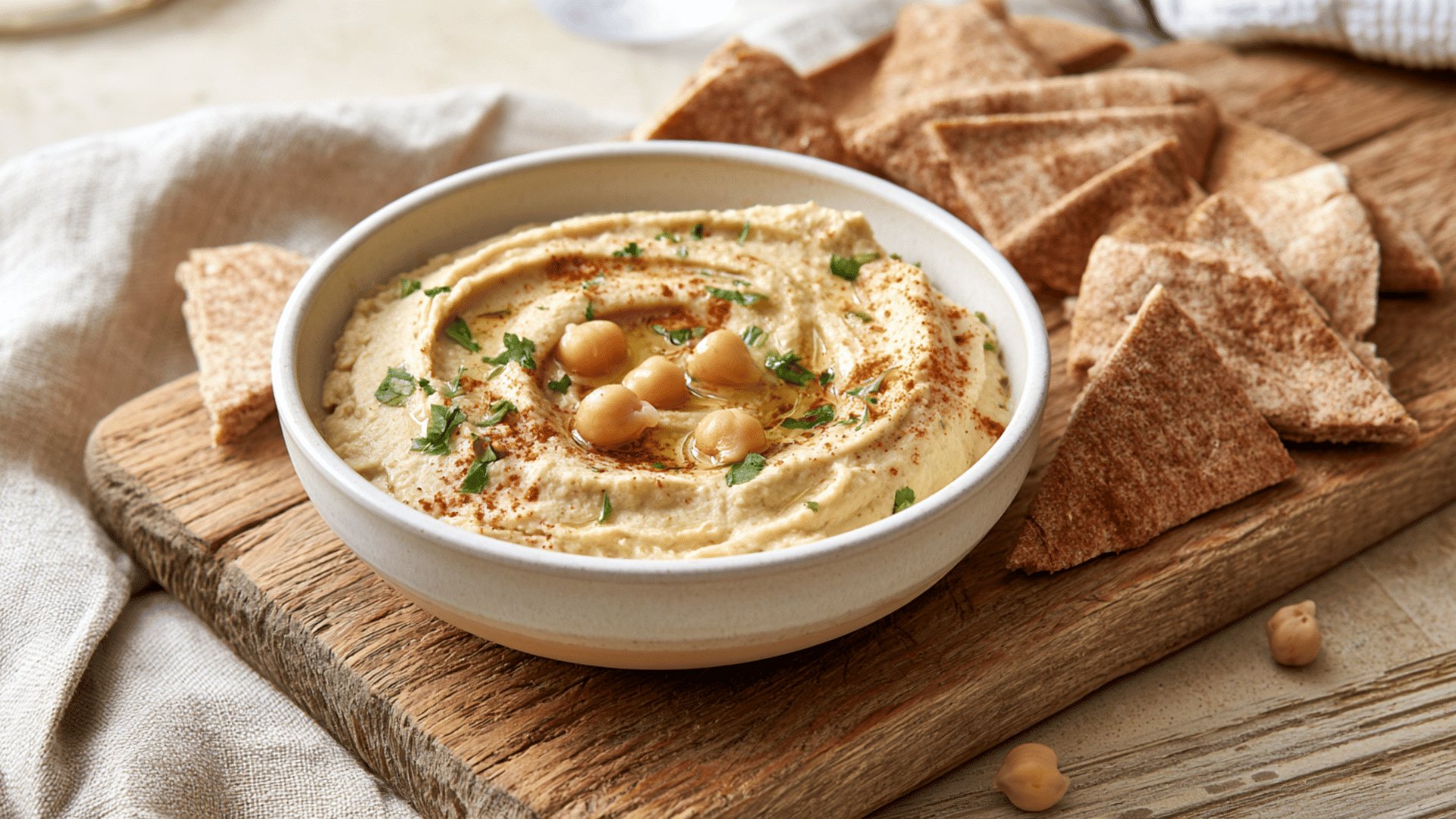 creamy hummus with whole wheat pita wedges served as a plant based snack before an endurance workout