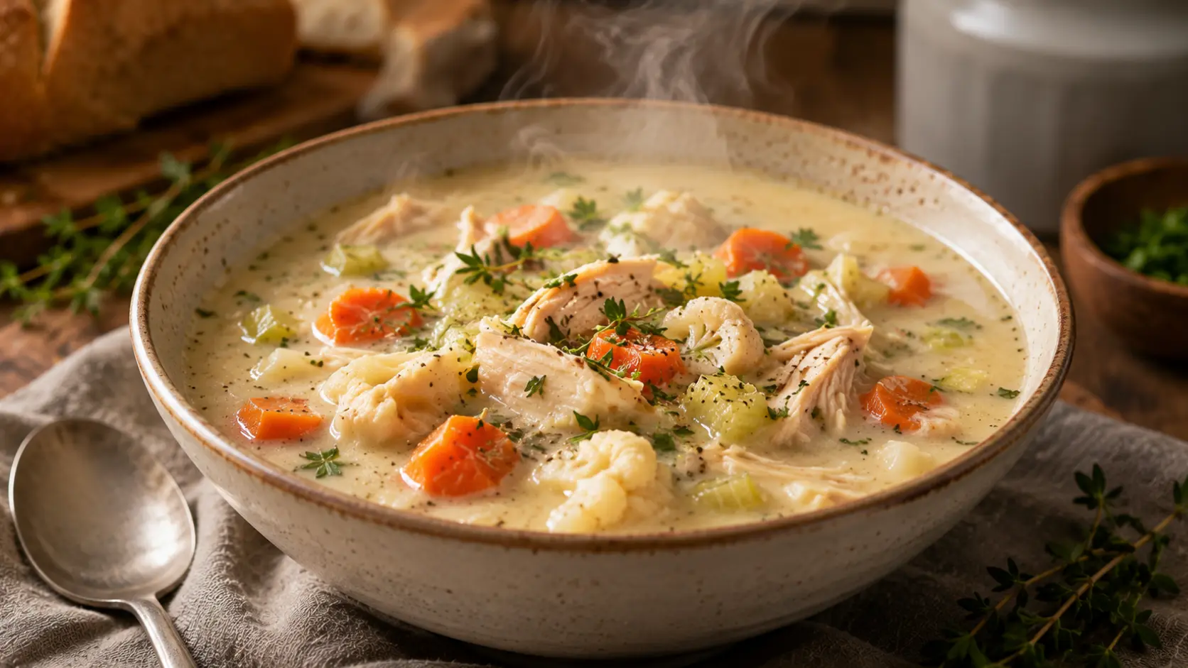 creamy paleo chicken pot pie soup bowl with vegetables warm homemade meal