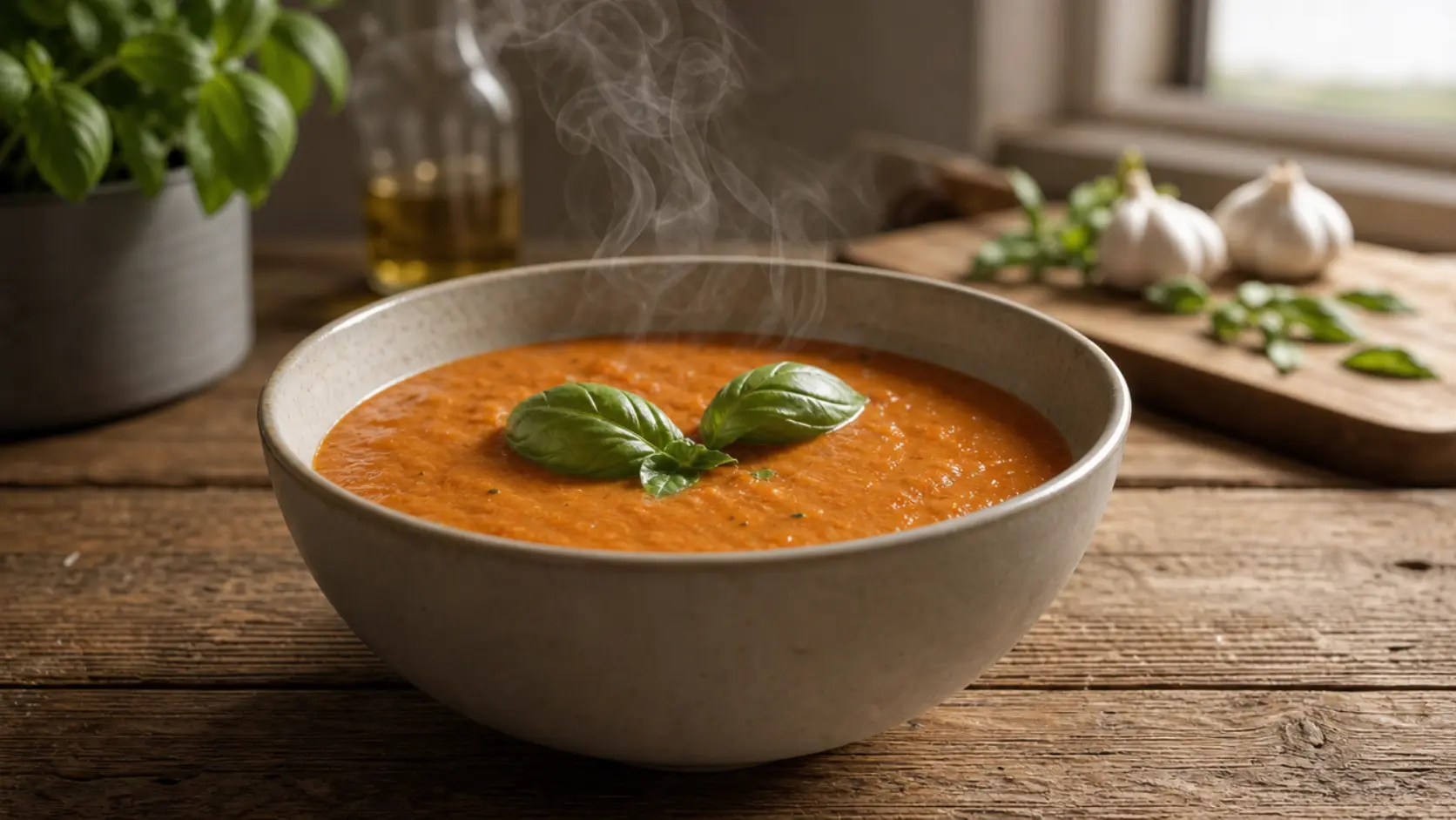 creamy paleo tomato soup coconut milk smooth bowl with basil garnish