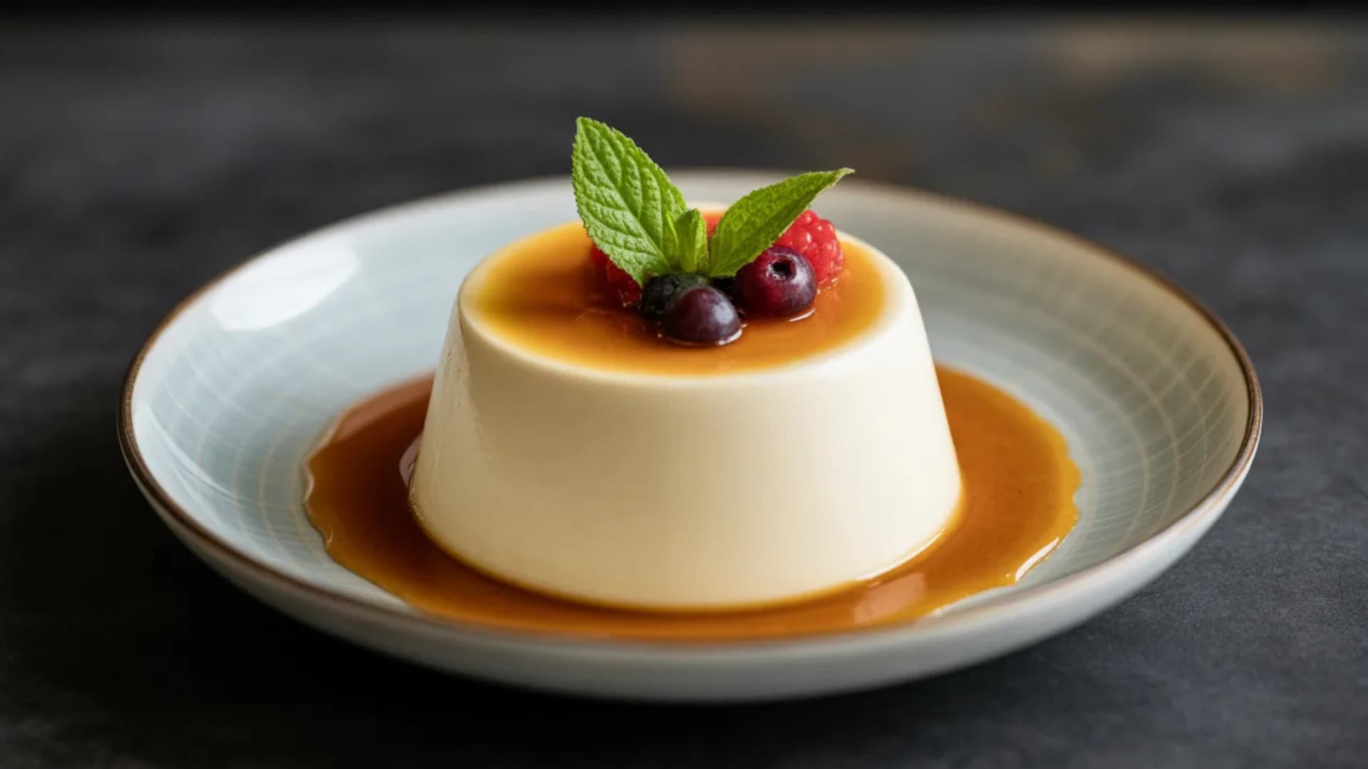 creamy panna cotta with caramel sauce, berries, and mint on a ceramic plate against a dark background